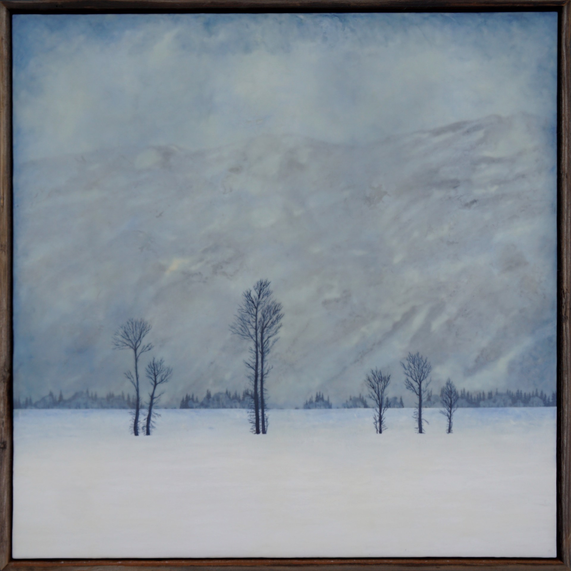 A Contemporary Encaustic Painting By Bridgette Meinhold Of Cottonwoods With Mountains Behind It