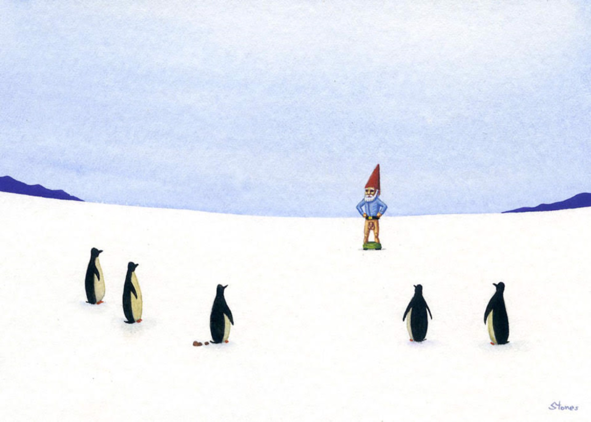 Gnome Startles Penguins by Greg Stones