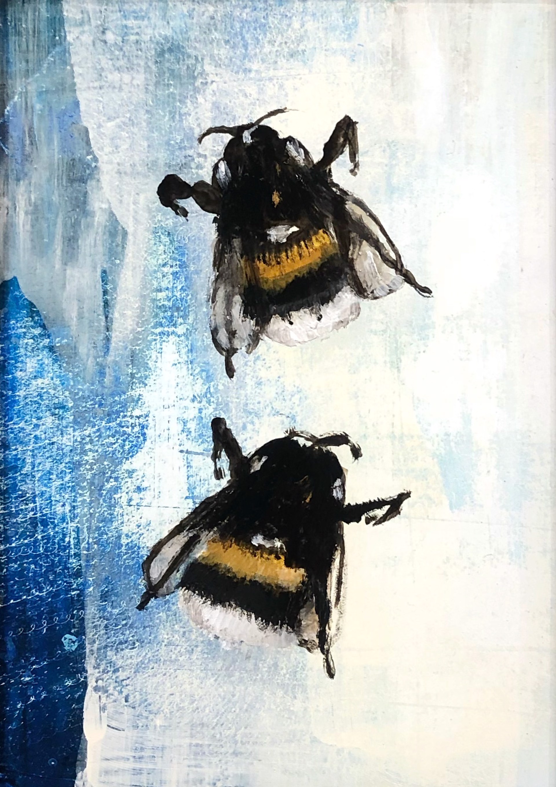 Original Oil Painting Of Two Bumble Bees On A Abstract Blue NA White Background With A Warm Silver Frame By Jenna Von Benedikts