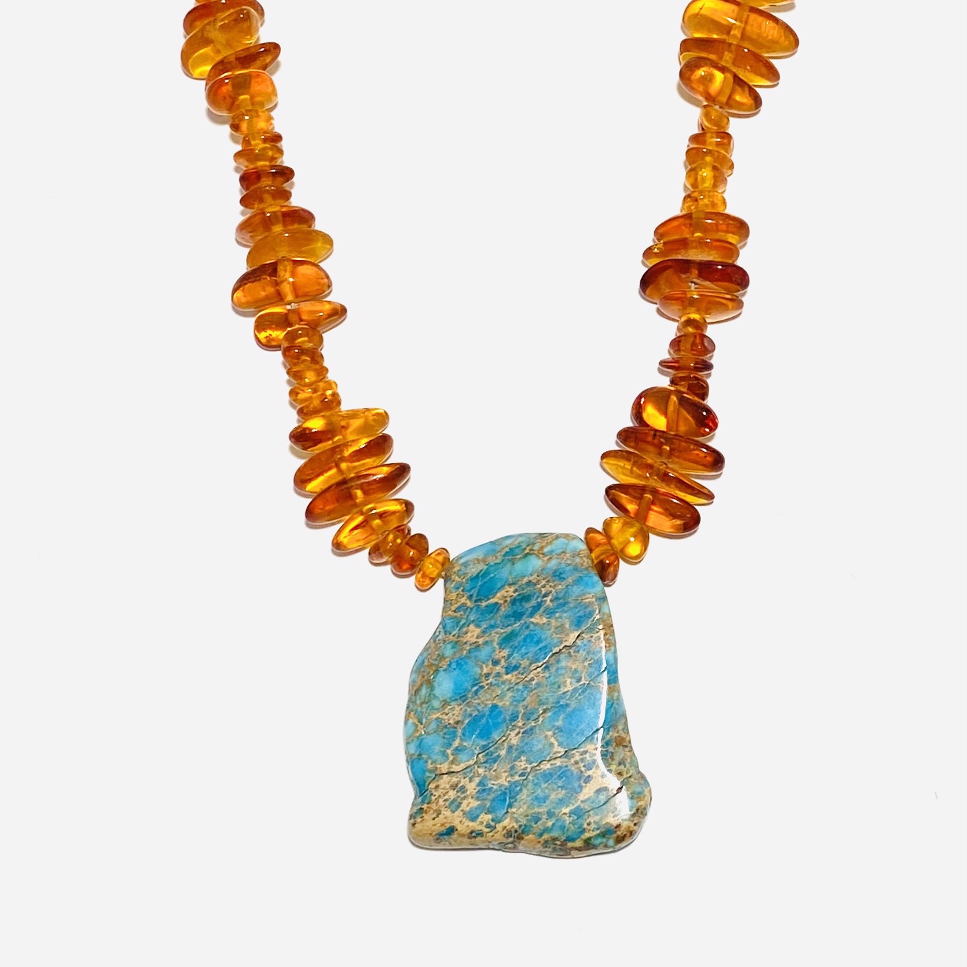 NT23-43 Amber Beads Sea Sediment Jasper Focal Necklace by Nance Trueworthy