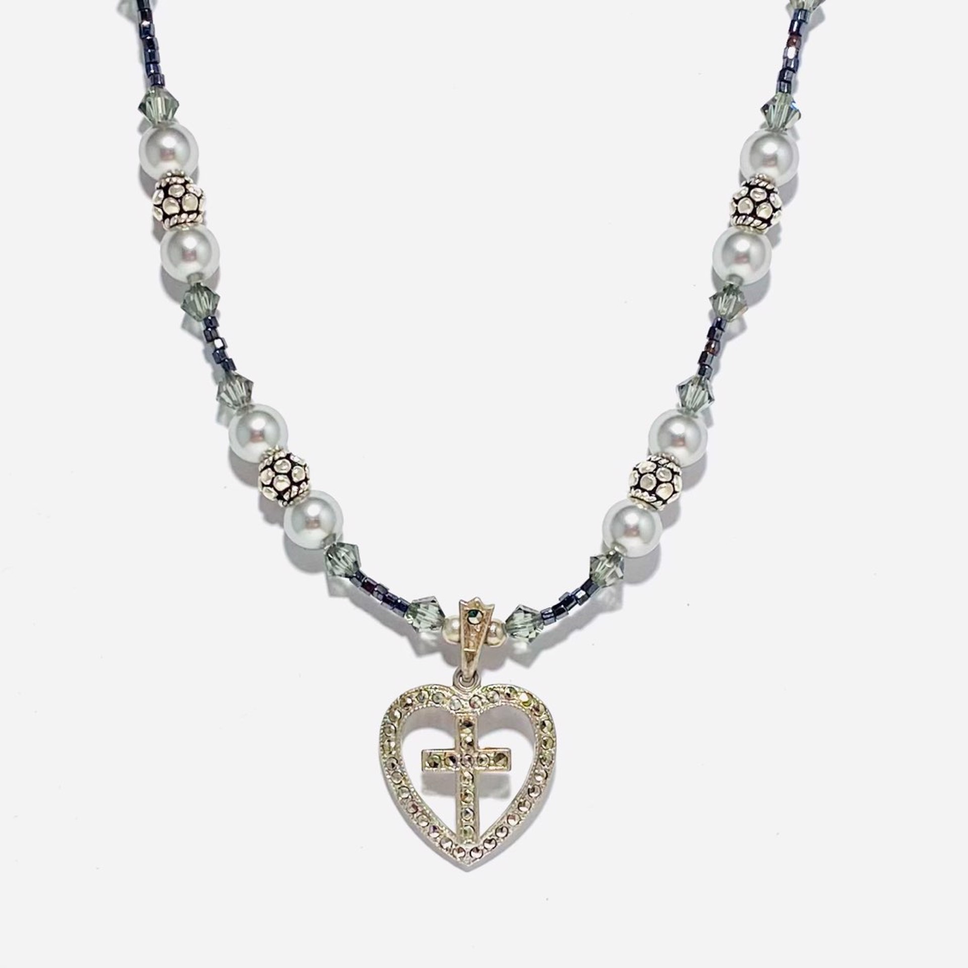 Marcasite Vintage Cross and Heart 18" Necklace SHOSH22-49 by Shoshannah Weinisch
