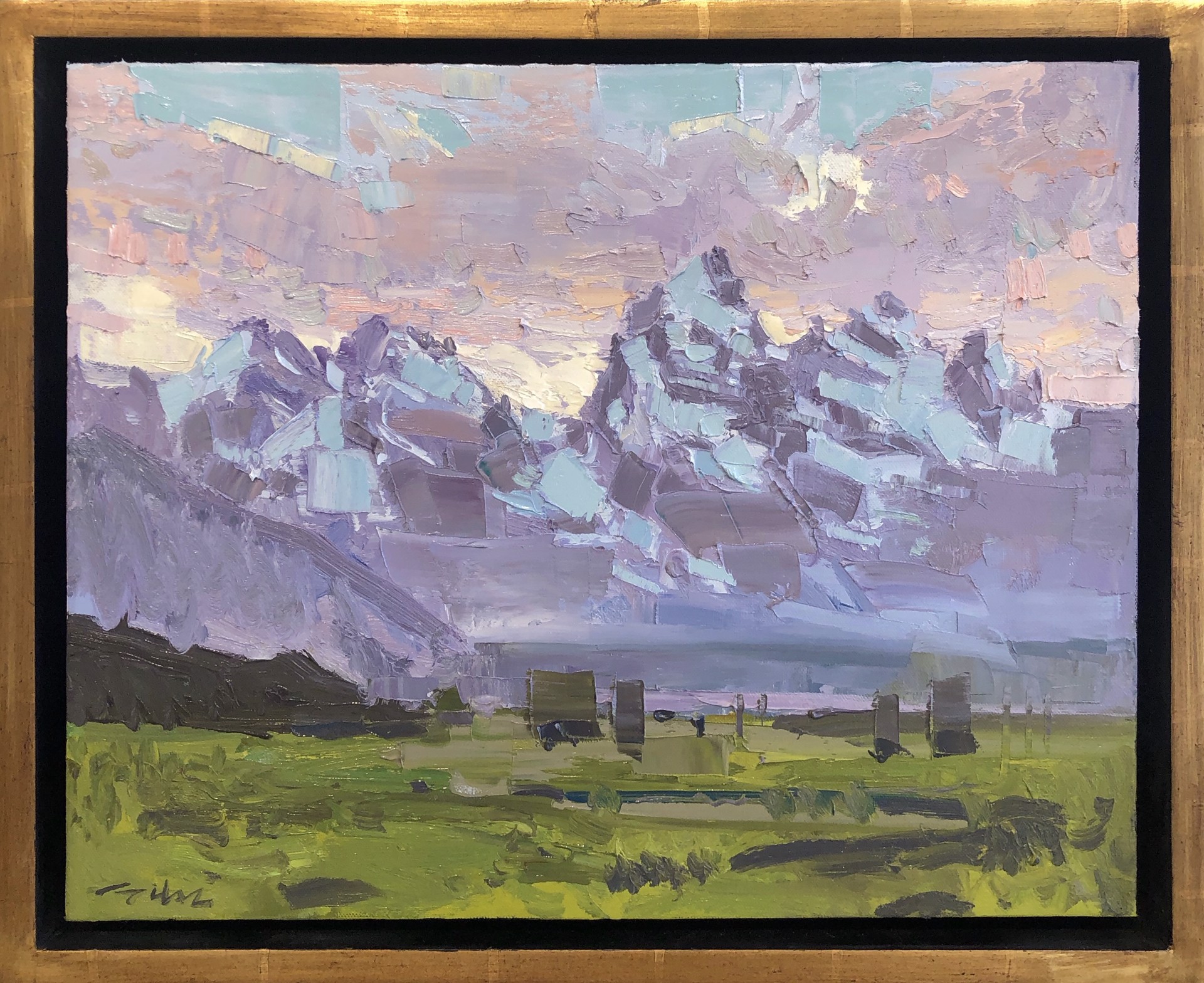 Plein Air Painting Of The Snowy Spring Teton Mountain Range And Green Valley Below At Sunset, By Silas Thompson  