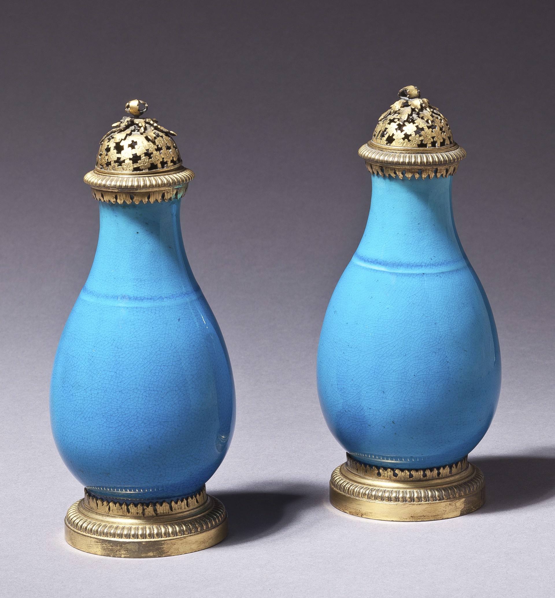 PAIR OF CHINESE GILT METAL MOUNTED TURQUOISE GLAZED PORCELAIN PERFUMERS