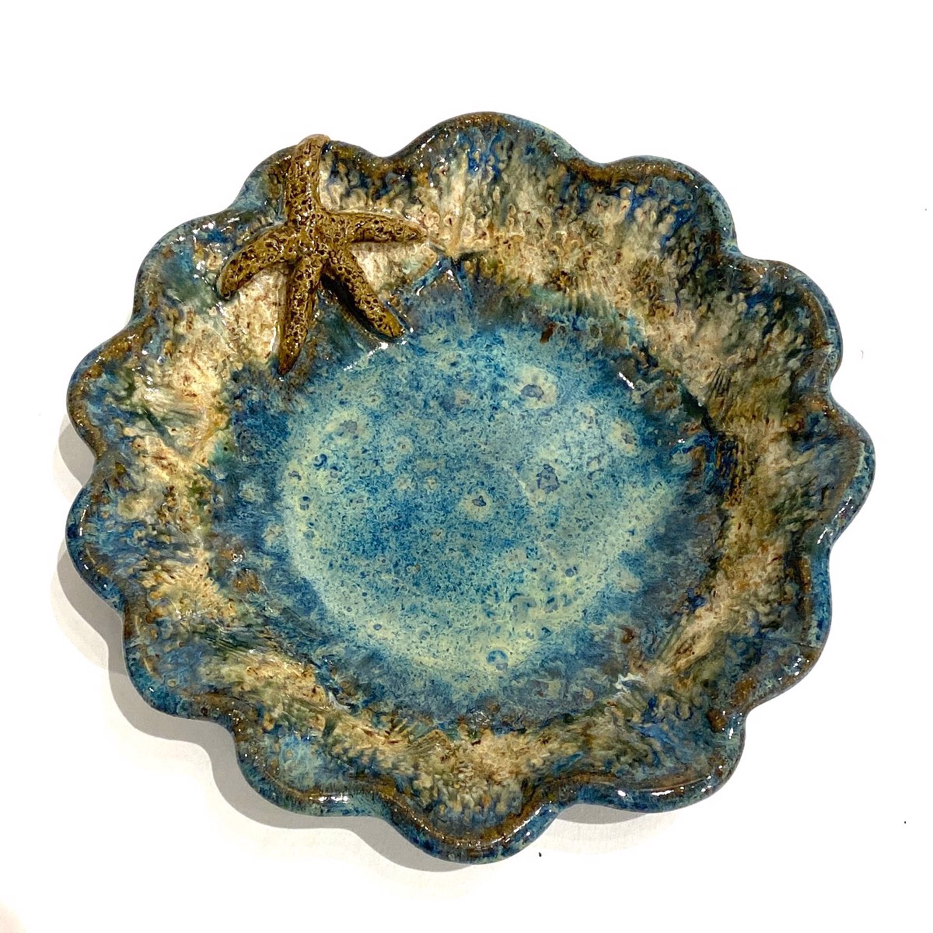 LG23-1007 Small Round Scalloped Bowl with Starfish (Blue Glaze) by Jim & Steffi Logan