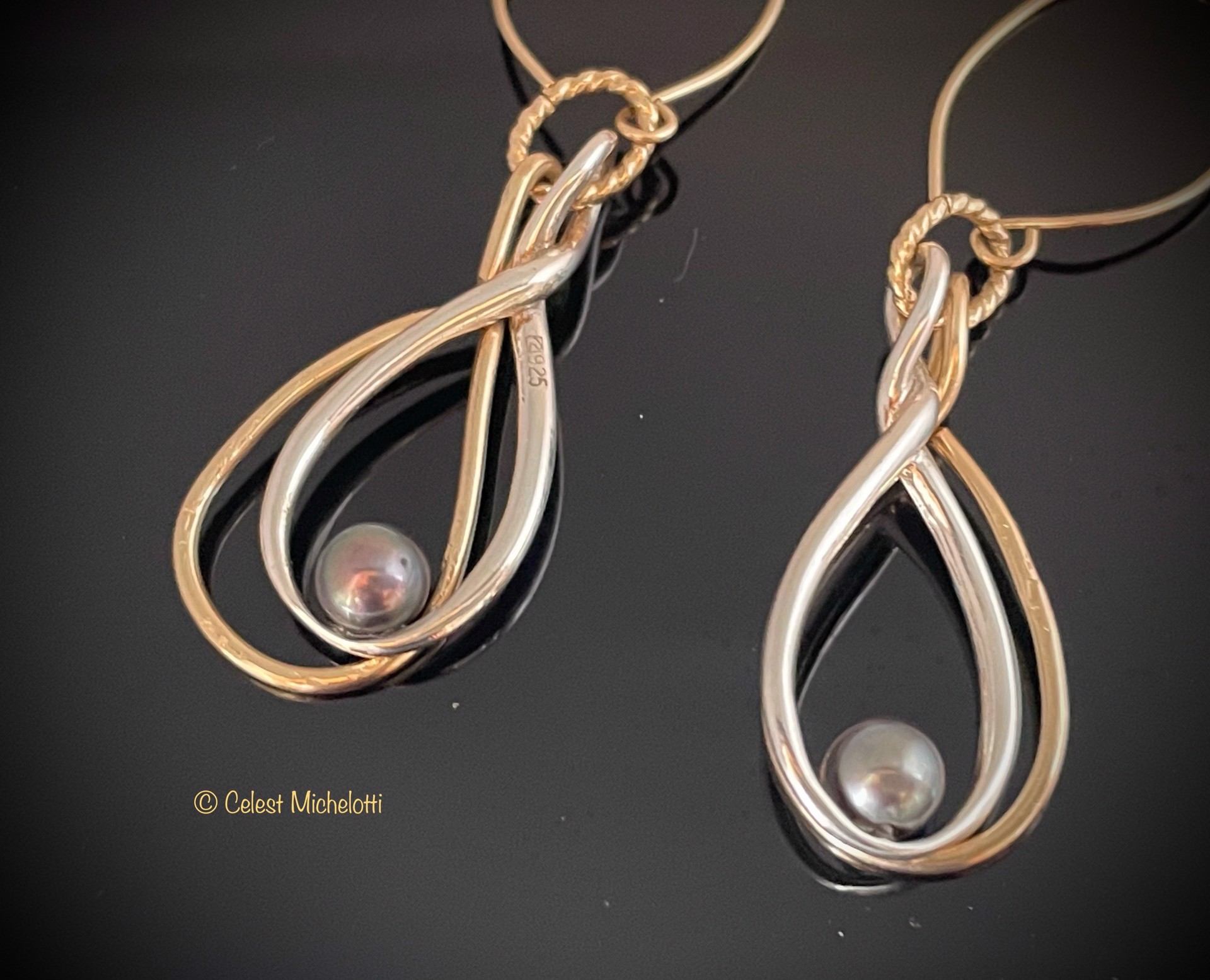 Tears of Joy Earrings, 1.625 in., Double Drop, 14K Gold Filled, Sterling, Black Cultured Pearls by Celest Michelotti