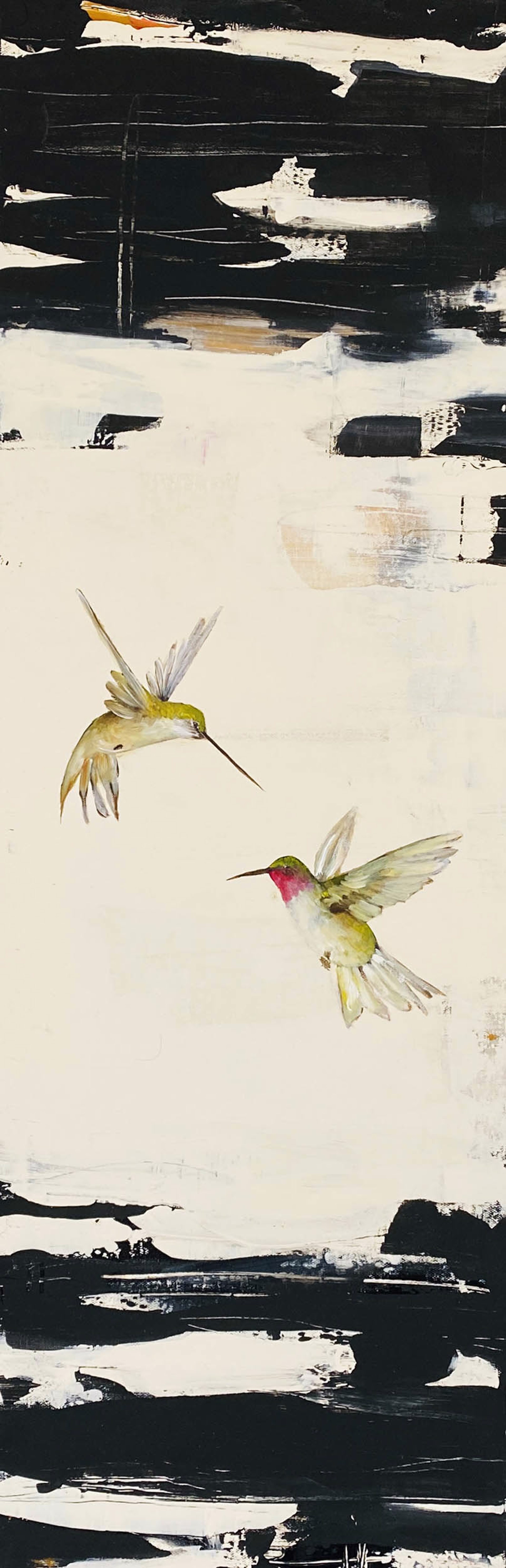 Original Mixed Media Painting Featuring Two Green Hummingbirds Facing Each Other In Flight Over Black And White Abstract Background