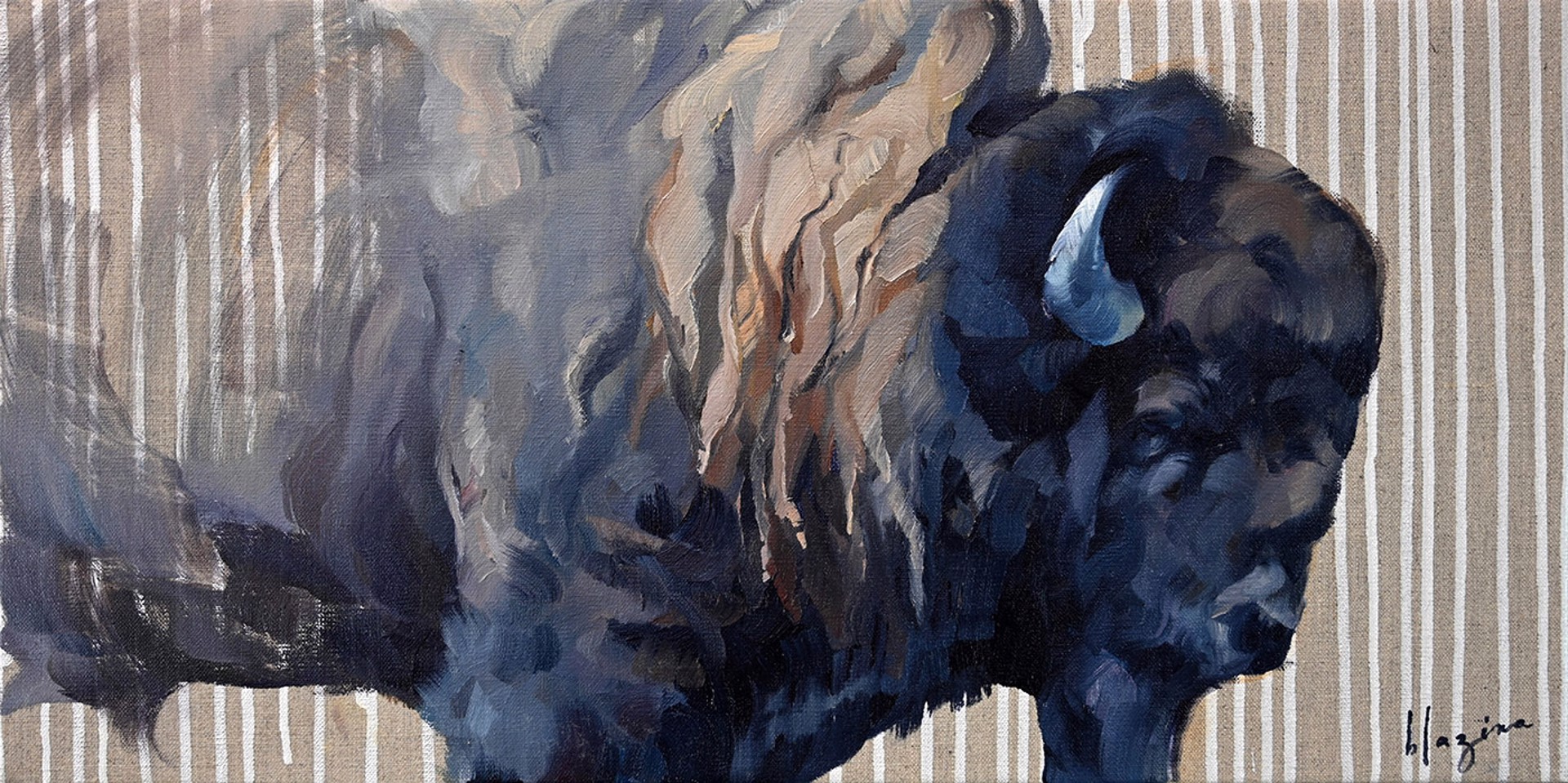 Original Oil Painting By Amber Blazina Featuring A Bison On Exposed Linen