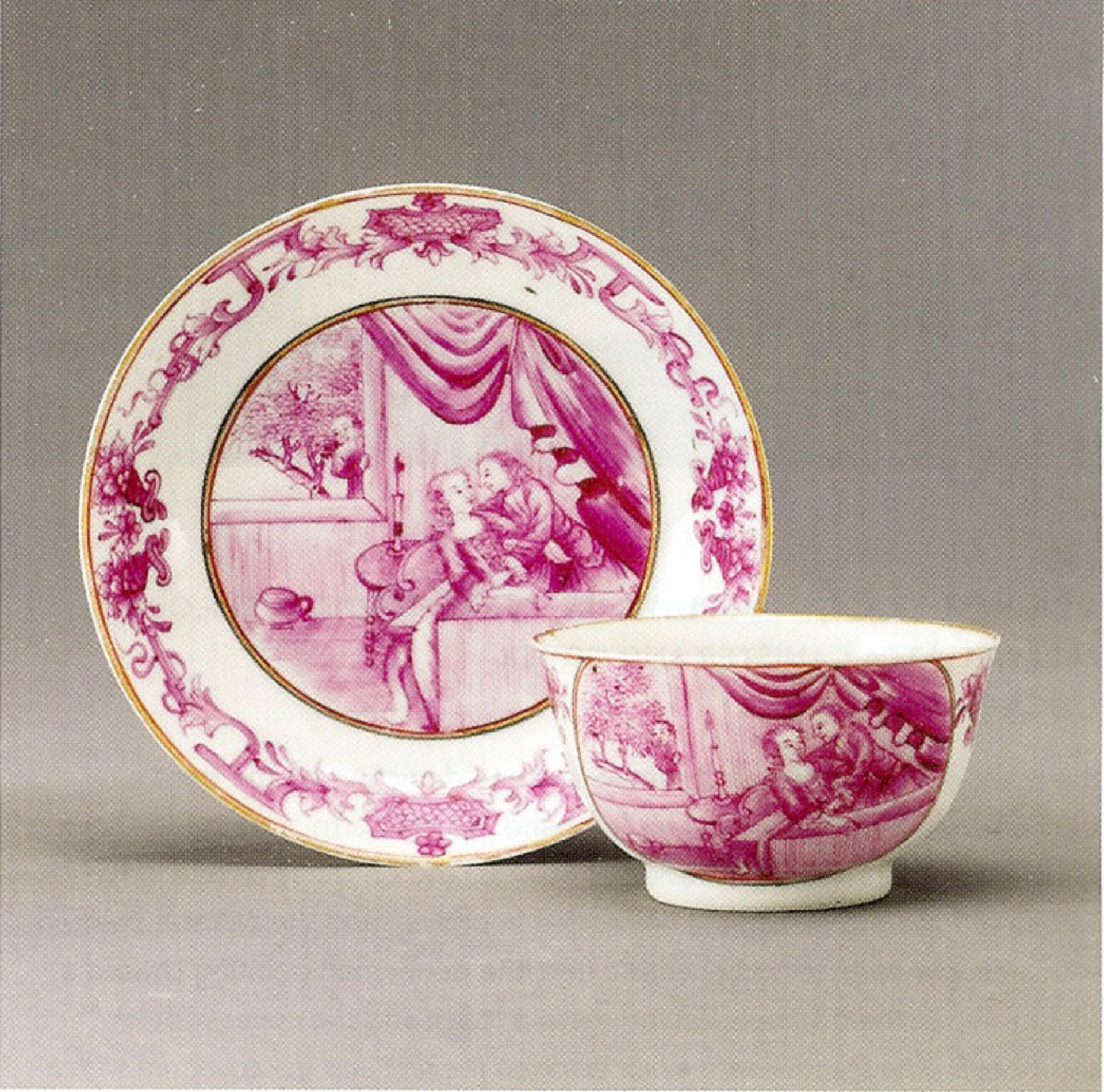 PUCE TEABOWL AND SAUCER WITH "PEEPING TOM"
