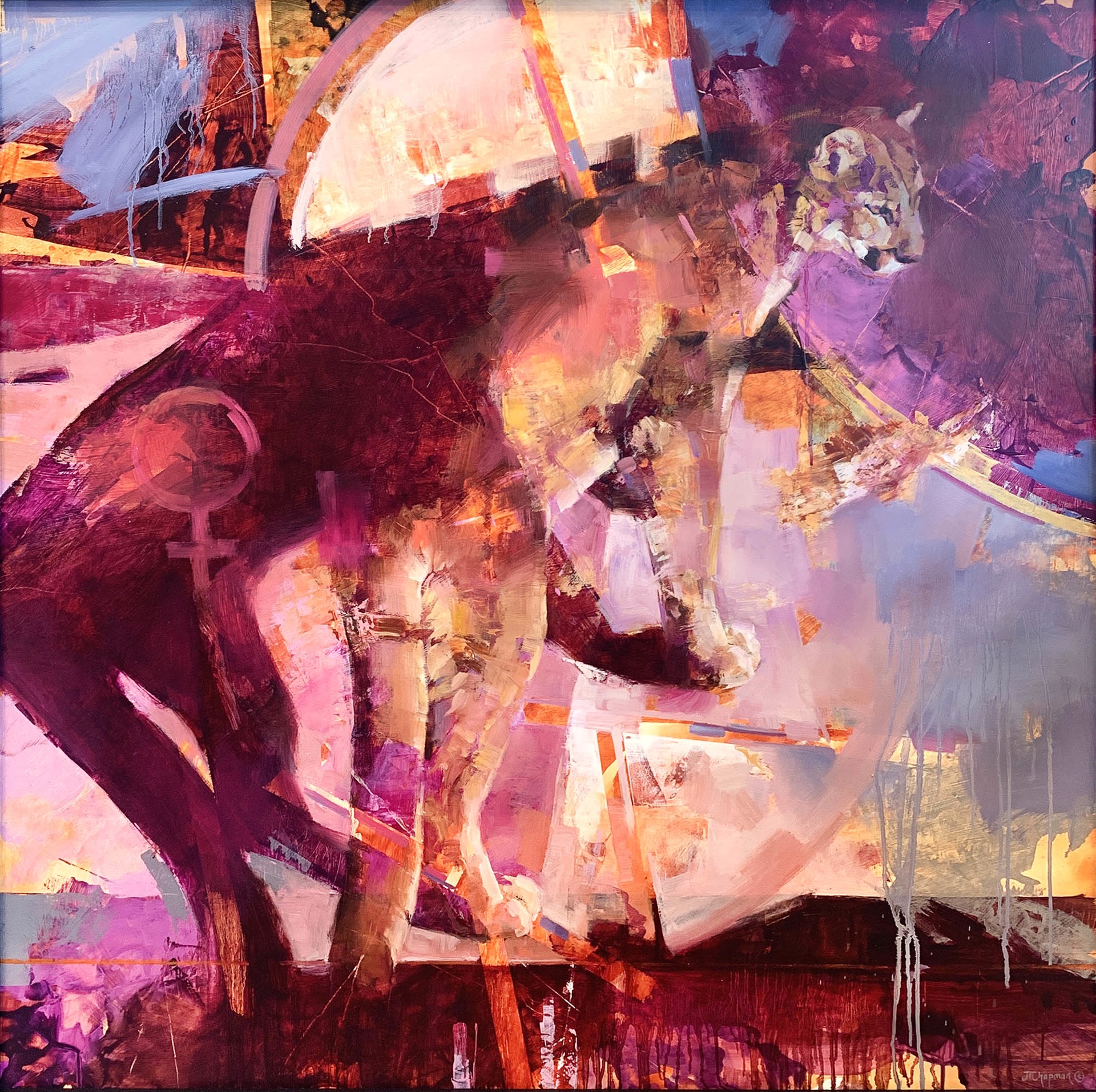 Original Mixed Media Painting Featuring A Mountain Lion Painted Expressively Into Abstracted Background In Pinks Purples And Oranges