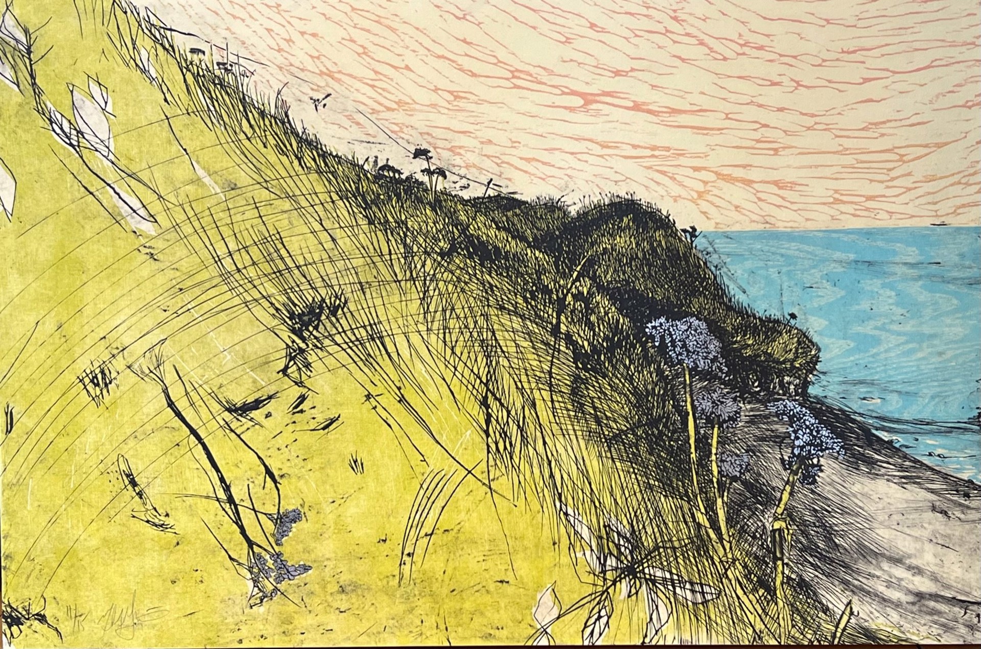 Seascape with Woodcut Reduction by Helen Gotlib