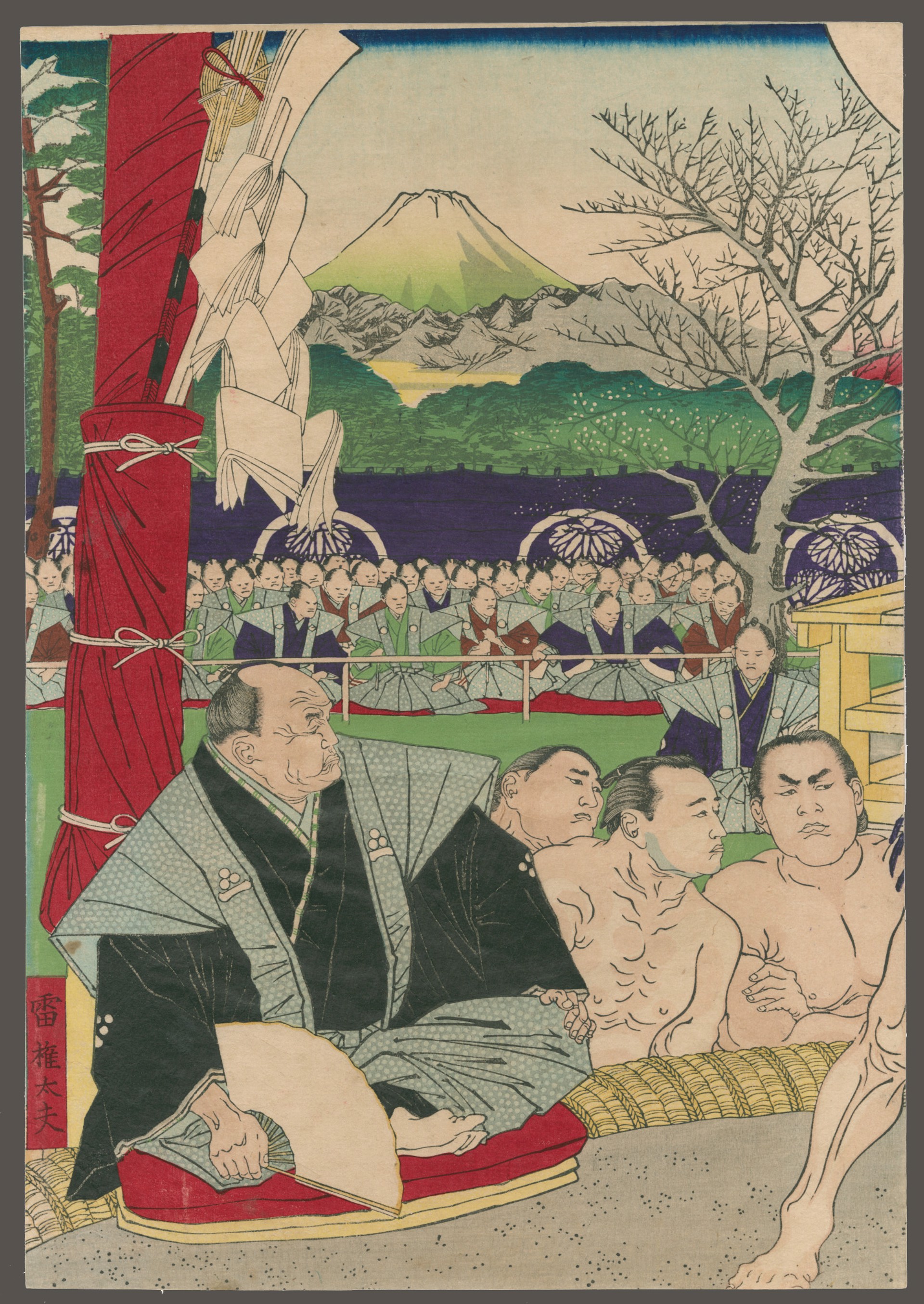 Ieasada, the 13th Shogun, Watching a Sumo Match Between Koyonagi Jokichi and aruma Daigoro at Fukiage Garden Annals of the Tokugawa Administration by Yoshitoshi