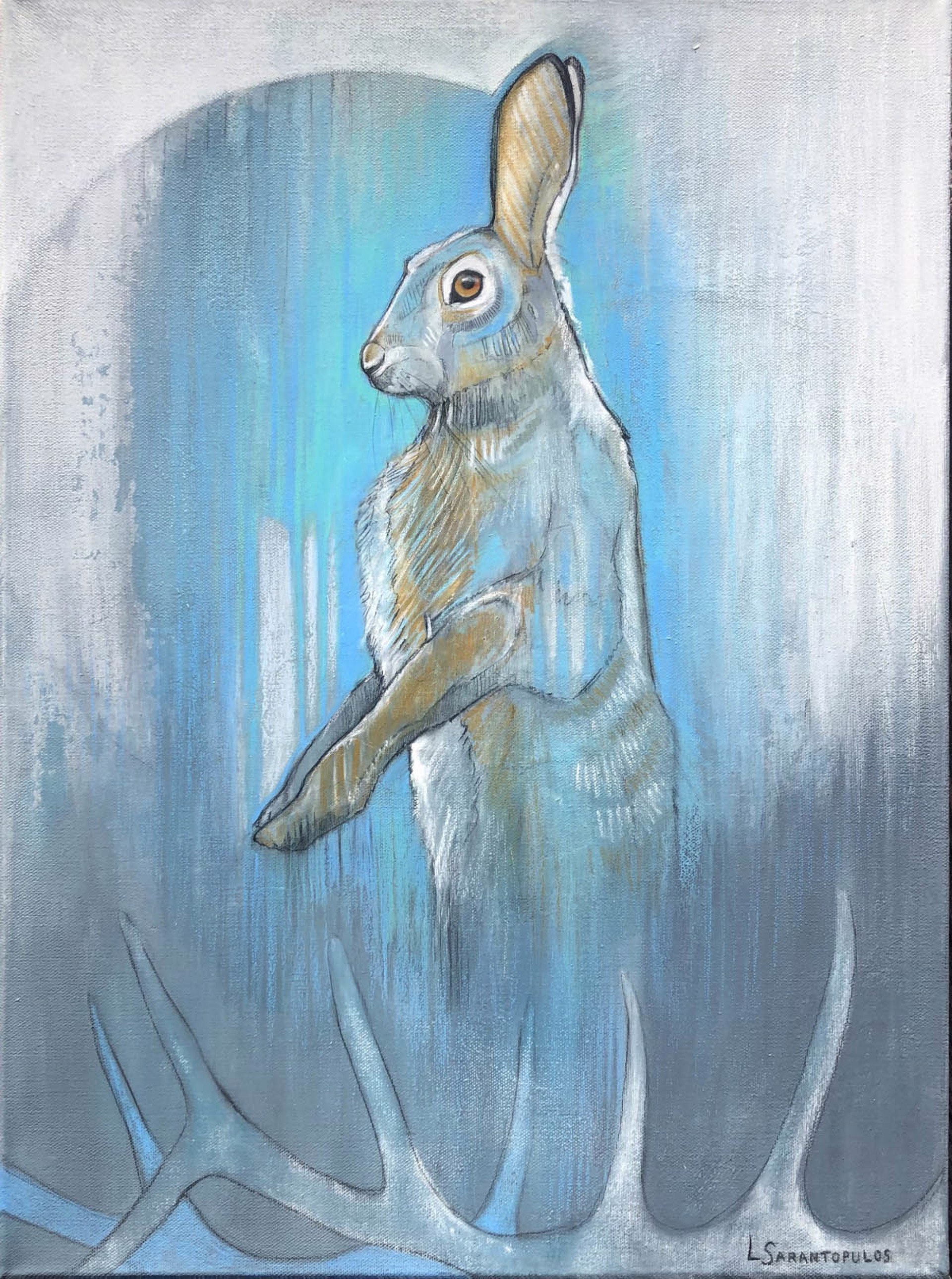 Original Mixed Media Painting Featuring A Jackalope With Antlers In Foreground Over Abstract Blue Background