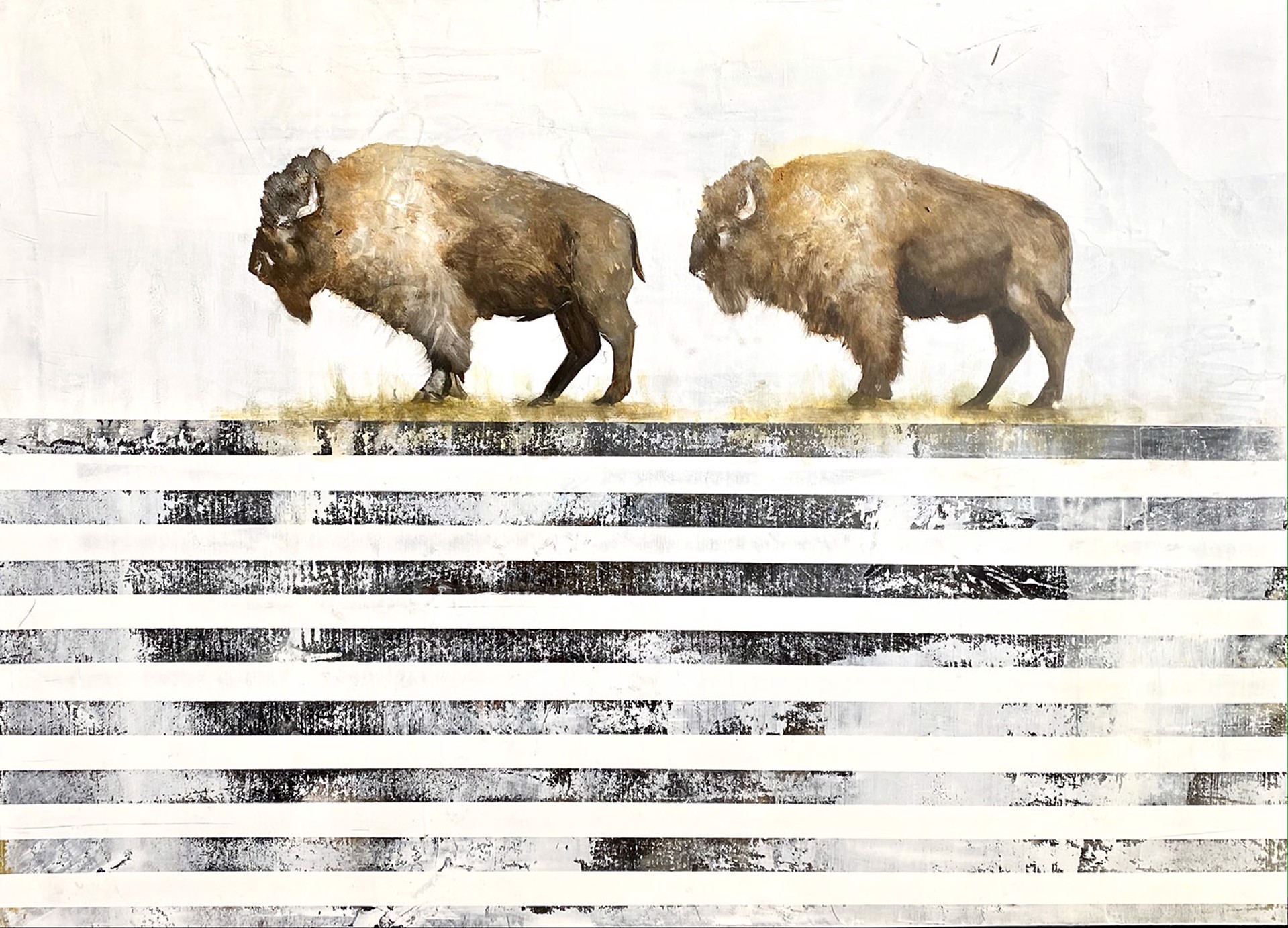 A Contemporary Painting Of Two Bison Standing On A Black And White Striped Background By Jenna Von Benedikt At Gallery Wild