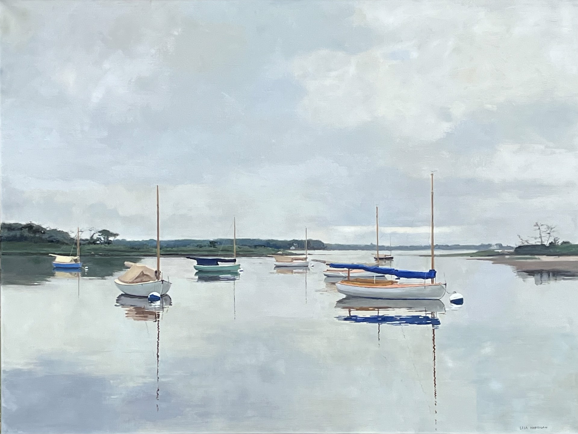 Seascape oil painting of Beetle Cat sailboats on the mooring with reflections