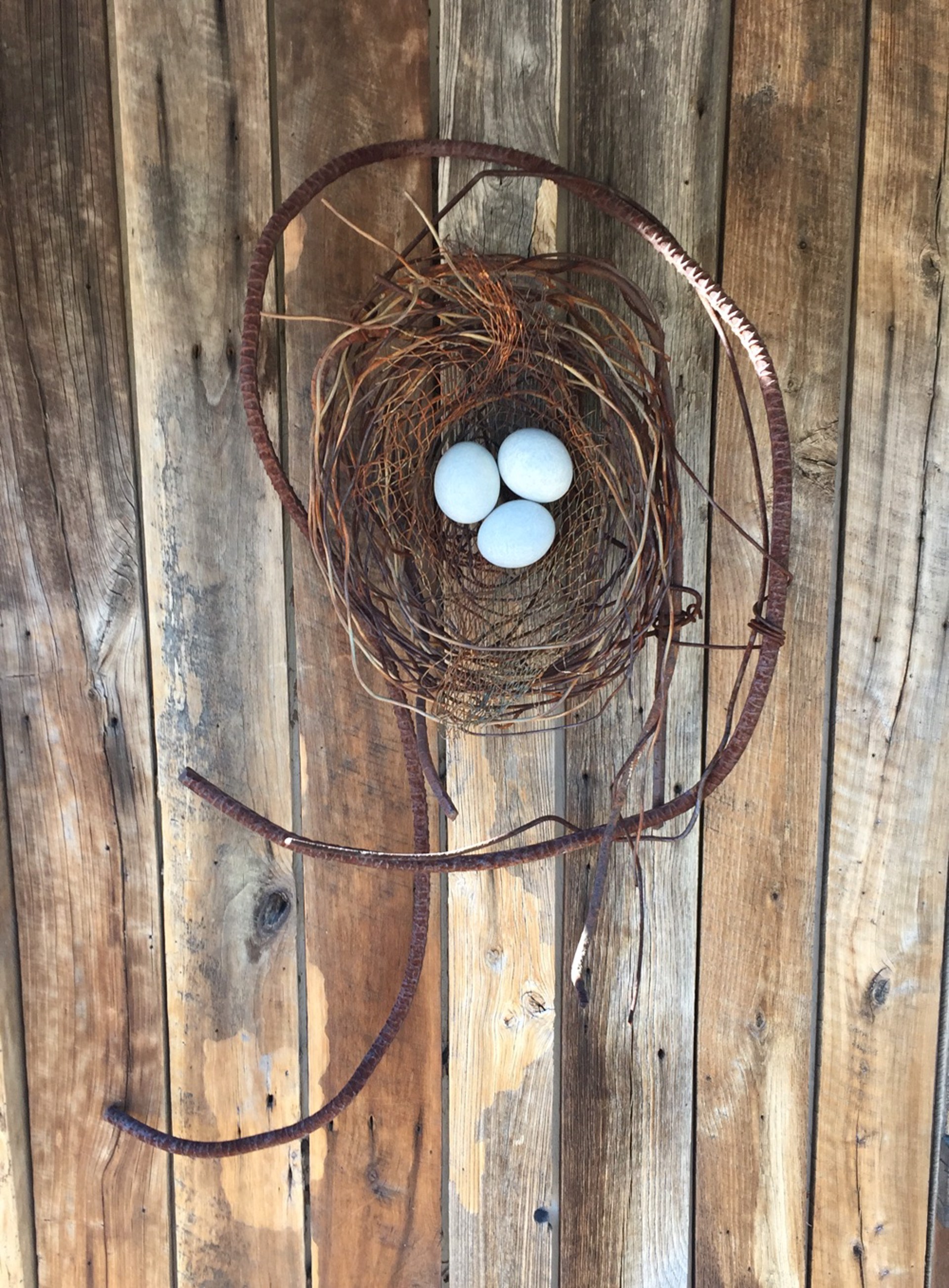 Hand Woven Wire Nest With 3 Light Turquoise Ceramic Eggs - 1242 by Phil Lichtenhan
