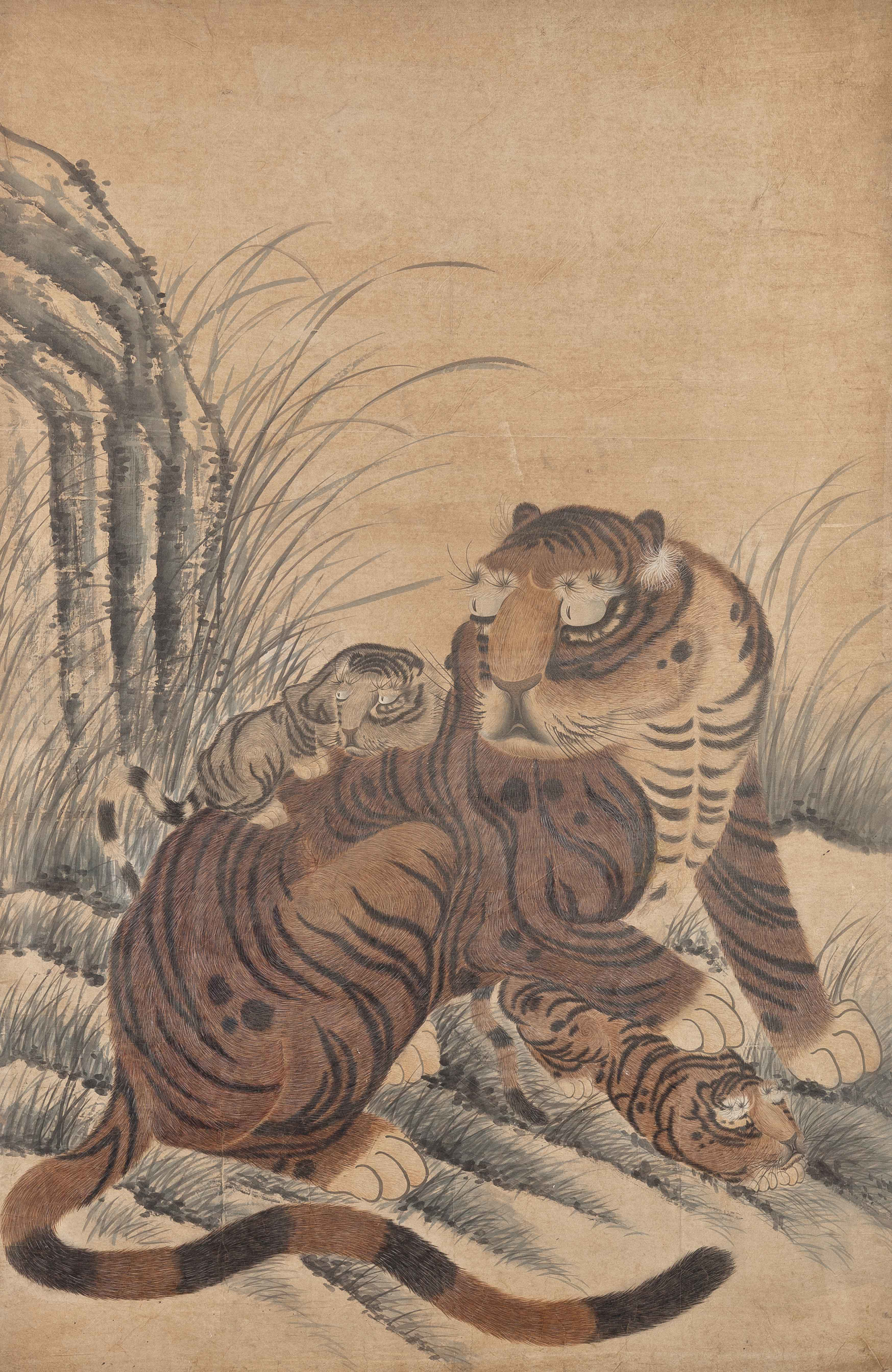 SCROLL PAINTING OF A TIGER WITH TWO CUBS