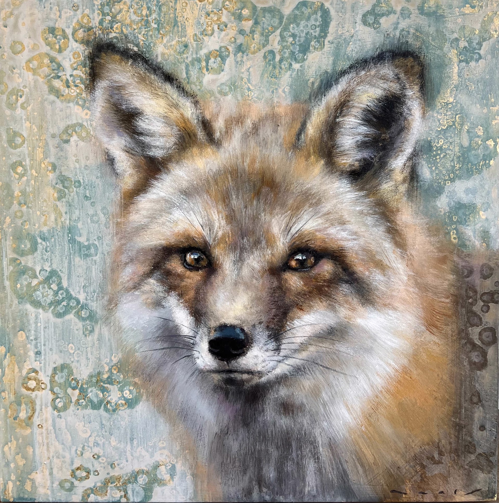 Original Mixed Media on Panel Featuring a Fox on a Blue Background