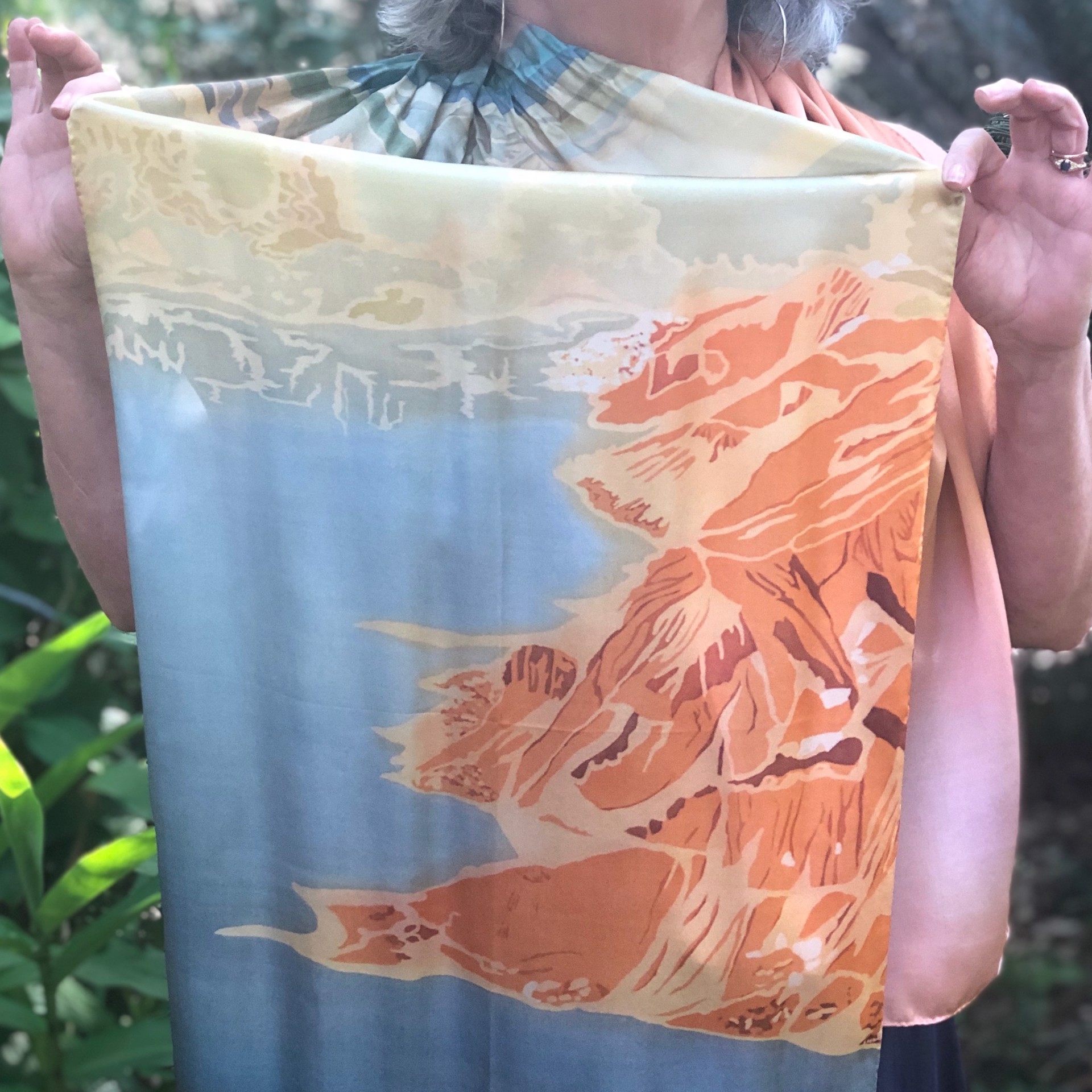 Abiquiu Lake, NM inspired silk scarf by Mary Edna Fraser