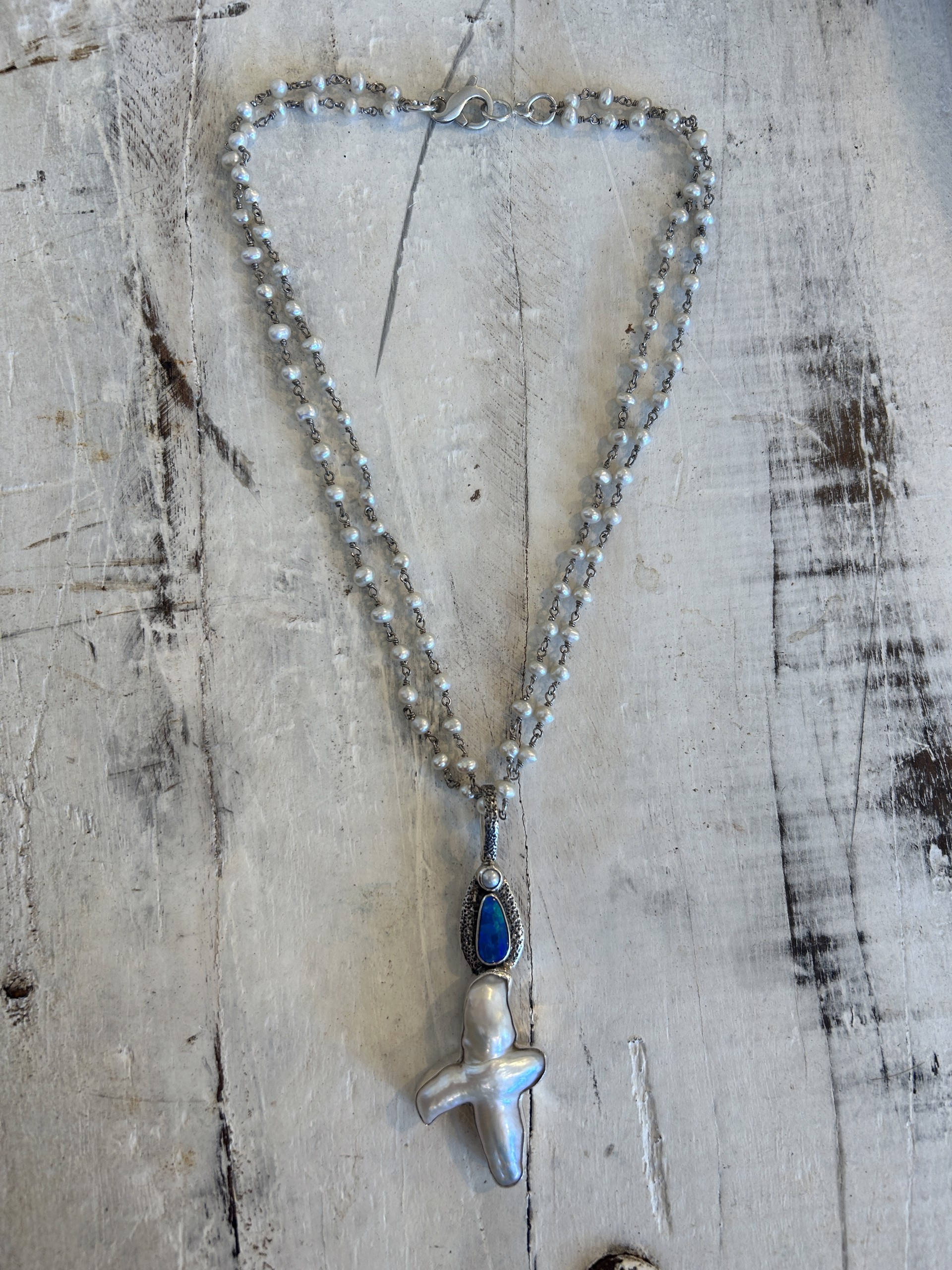 Jewelry | Opal Pearl Cross 2 Strand Pearl Chain Necklace by Echo of the Dreamer