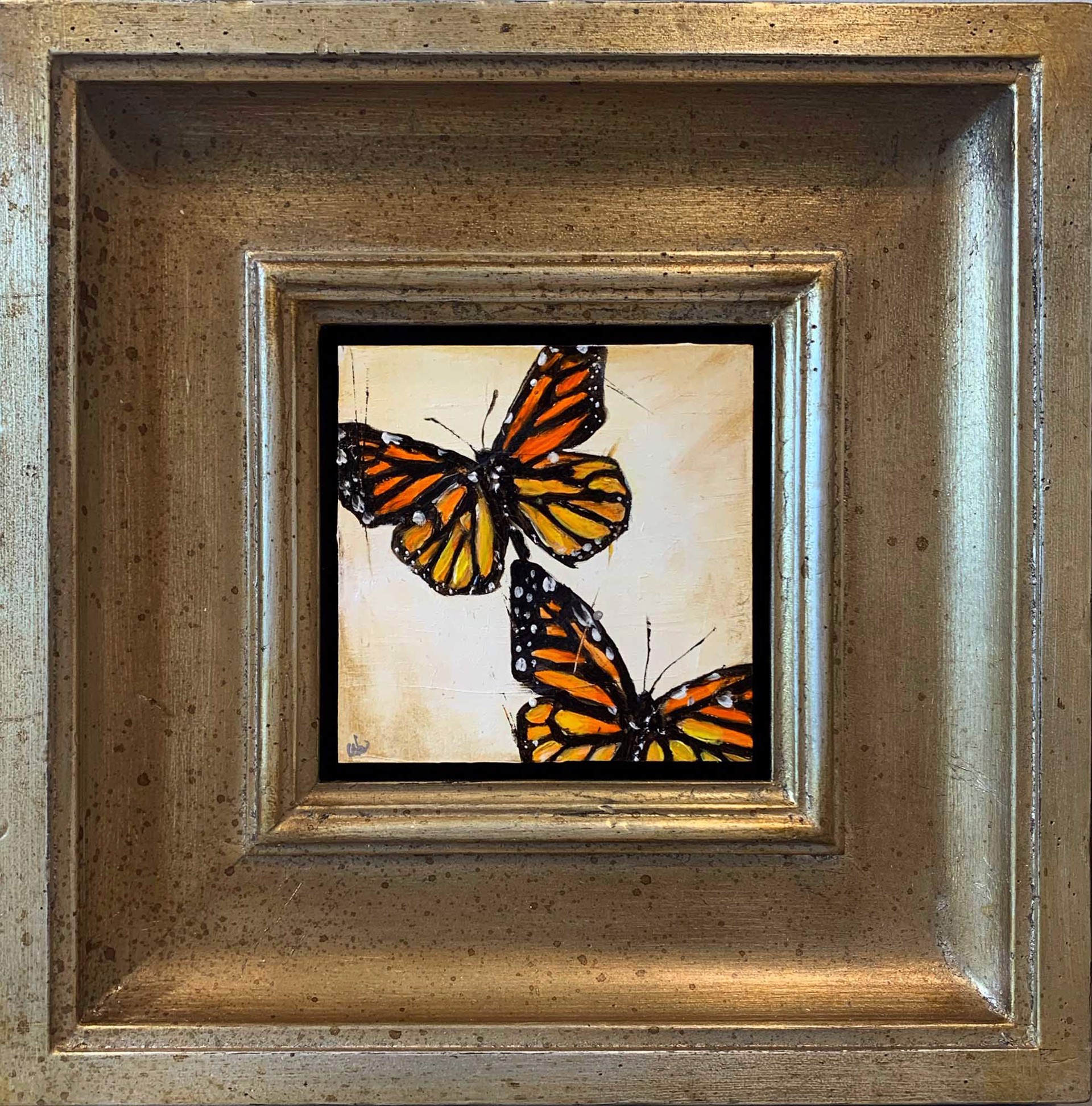 Oil Painting Of Two Monarch Butterflies On A Light Background With A Gold Frame, By Jenna Von Benedikt