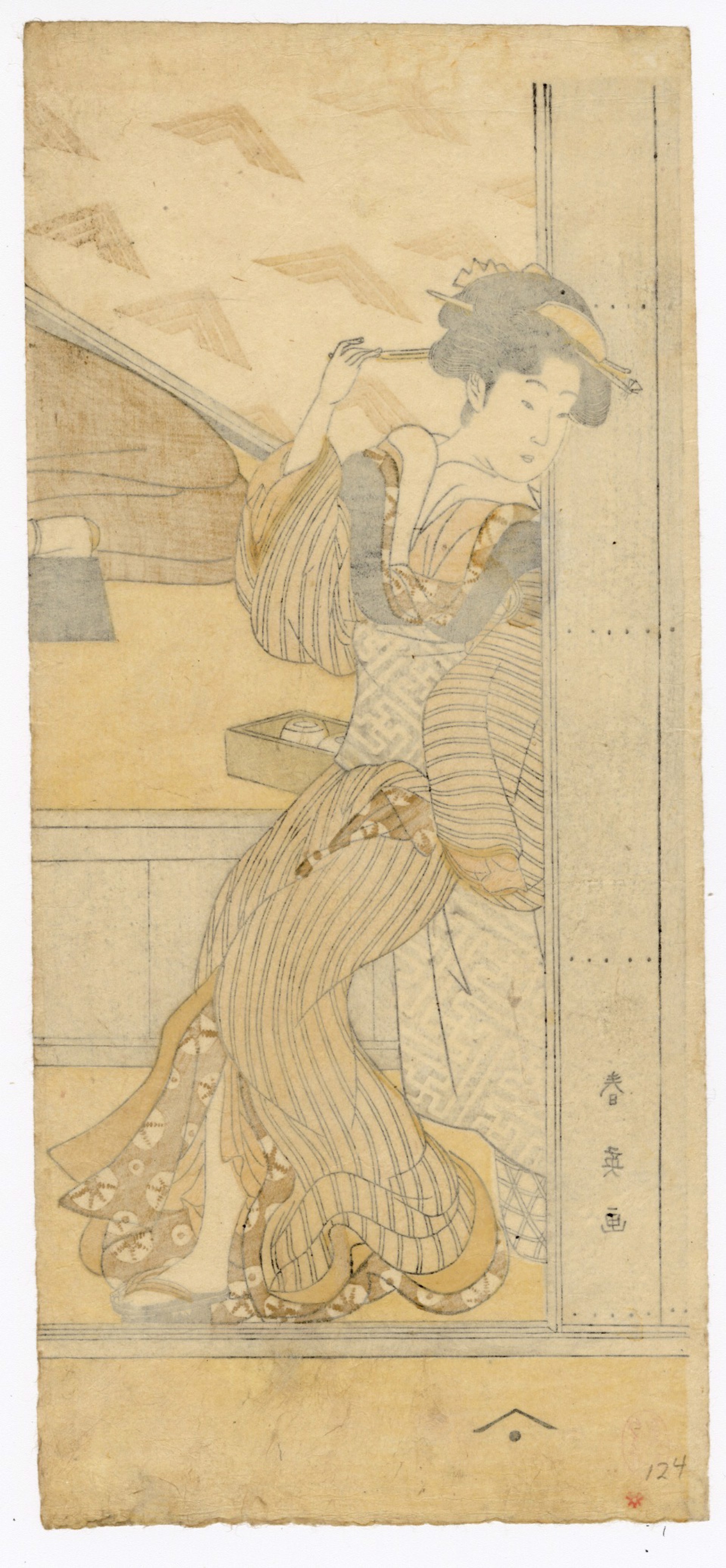 A Courtesan Leaning on her door while Soliciting Clients by Shun'ei