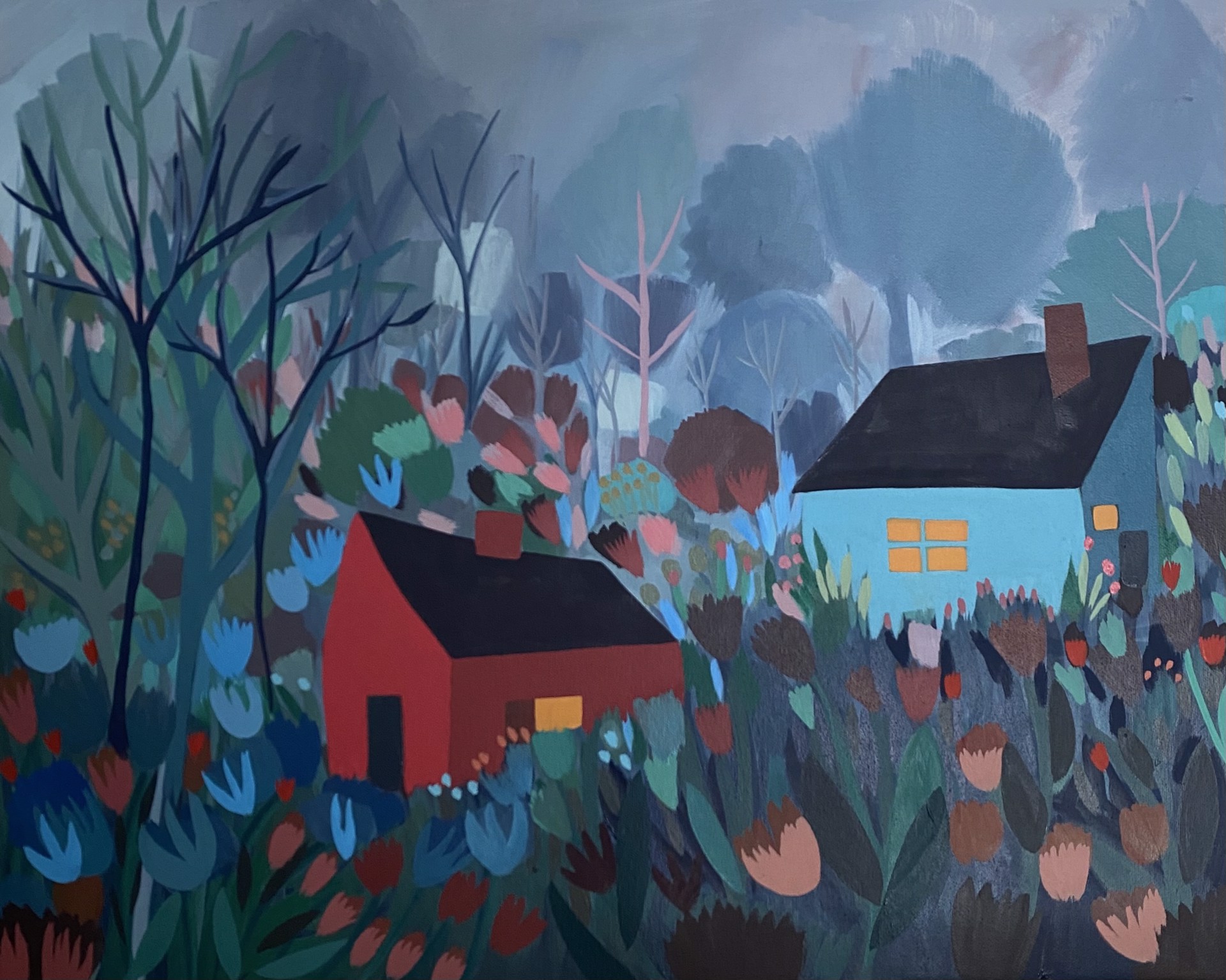 Red House, Blue House with Flowers and Chimneys by Sage Tucker-Ketcham