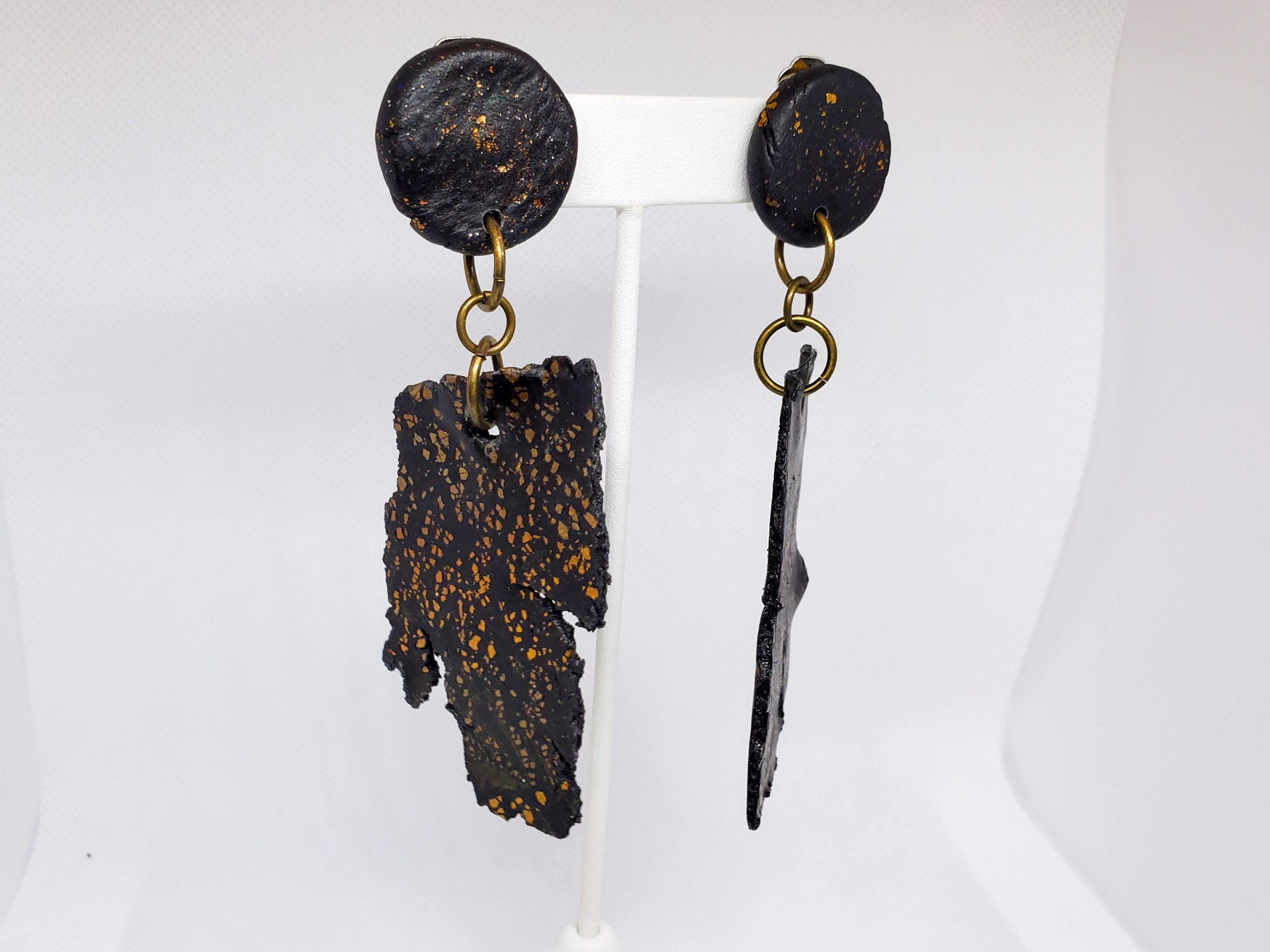 Short Black and Gold Epoxy Earrings by Sally Bass