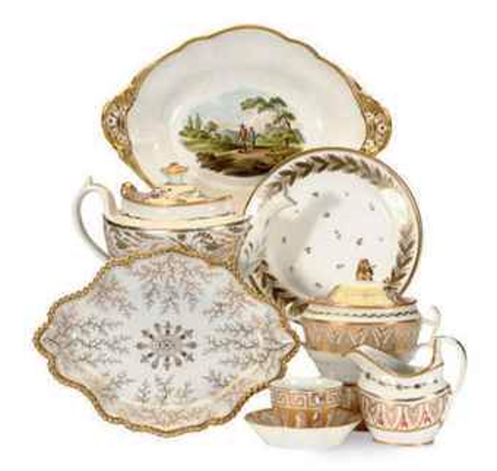 AN ASSEMBLED ENGLISH AND FRENCH GILT WHITE PART DESSERT SERVICE