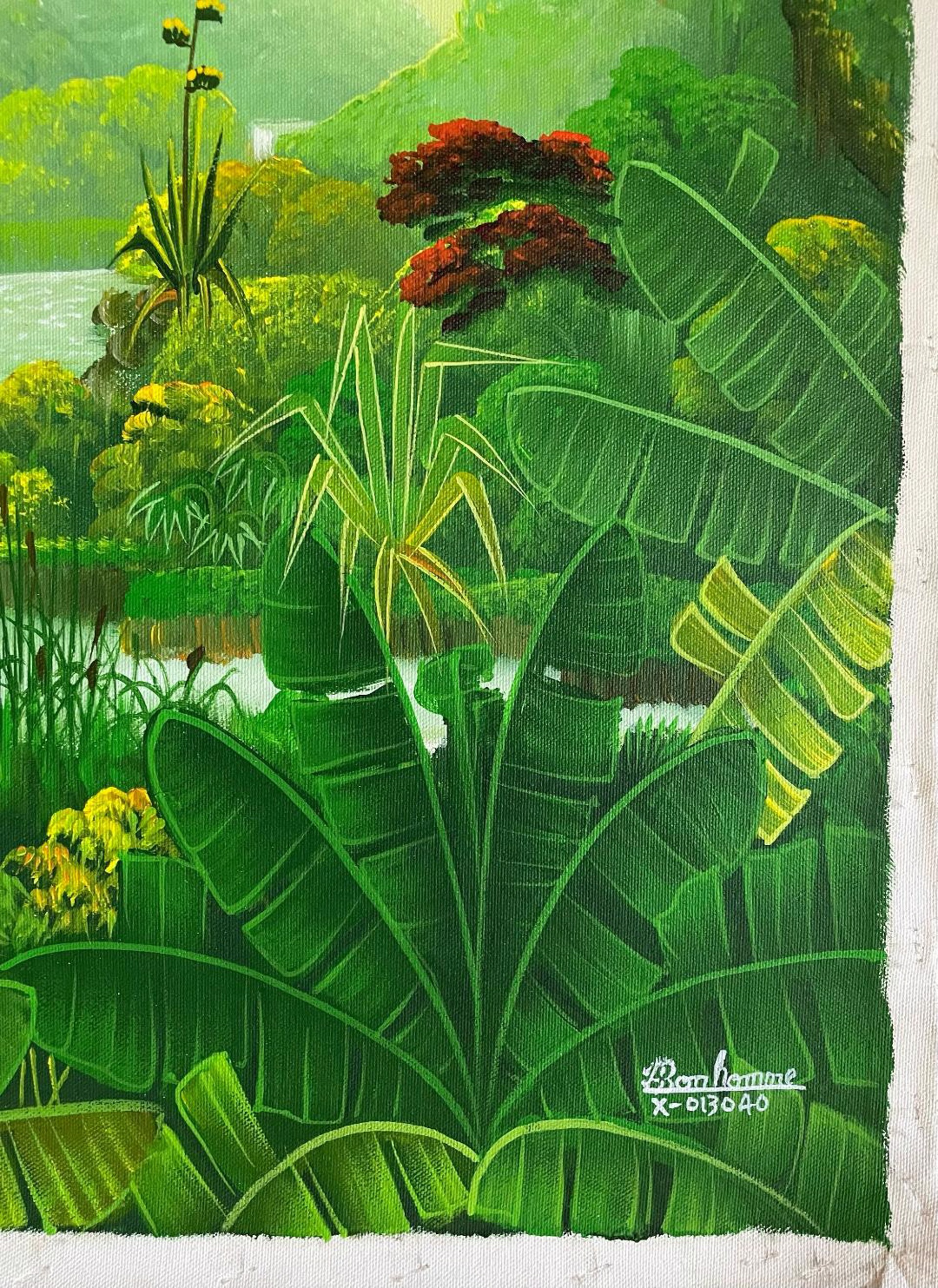 Green & Yellow Birds & Cascade #21MFN by Albott Bonhomme (Haitian, b. 1963)
