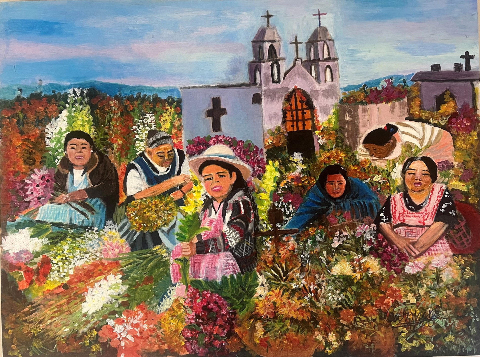 Carmen Sanchez-Esparza (Pure Vision Arts), Mexican Women Harvesting Near Church by Visiting Artist