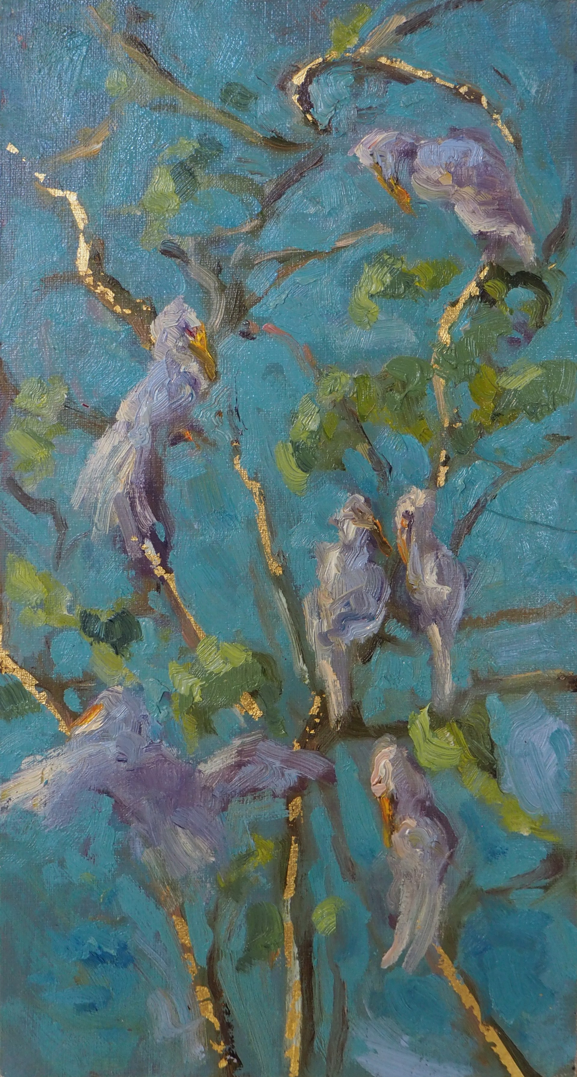 "Egrets with Gold Leaf" original oil painting by Karen Hewitt Hagan
