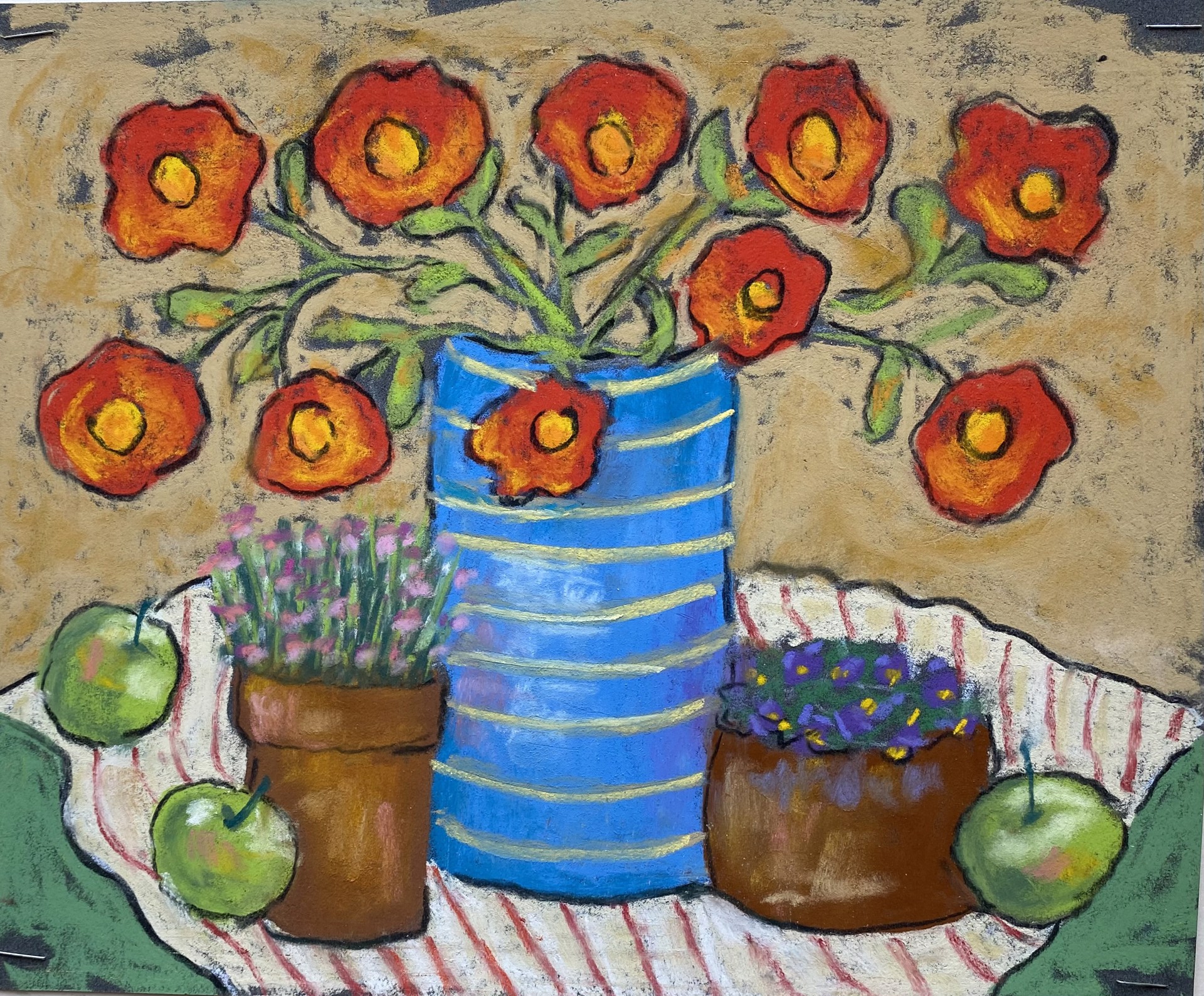 Orange Poppies in a Blue Vase With Yellow Stripes by Pat Olson