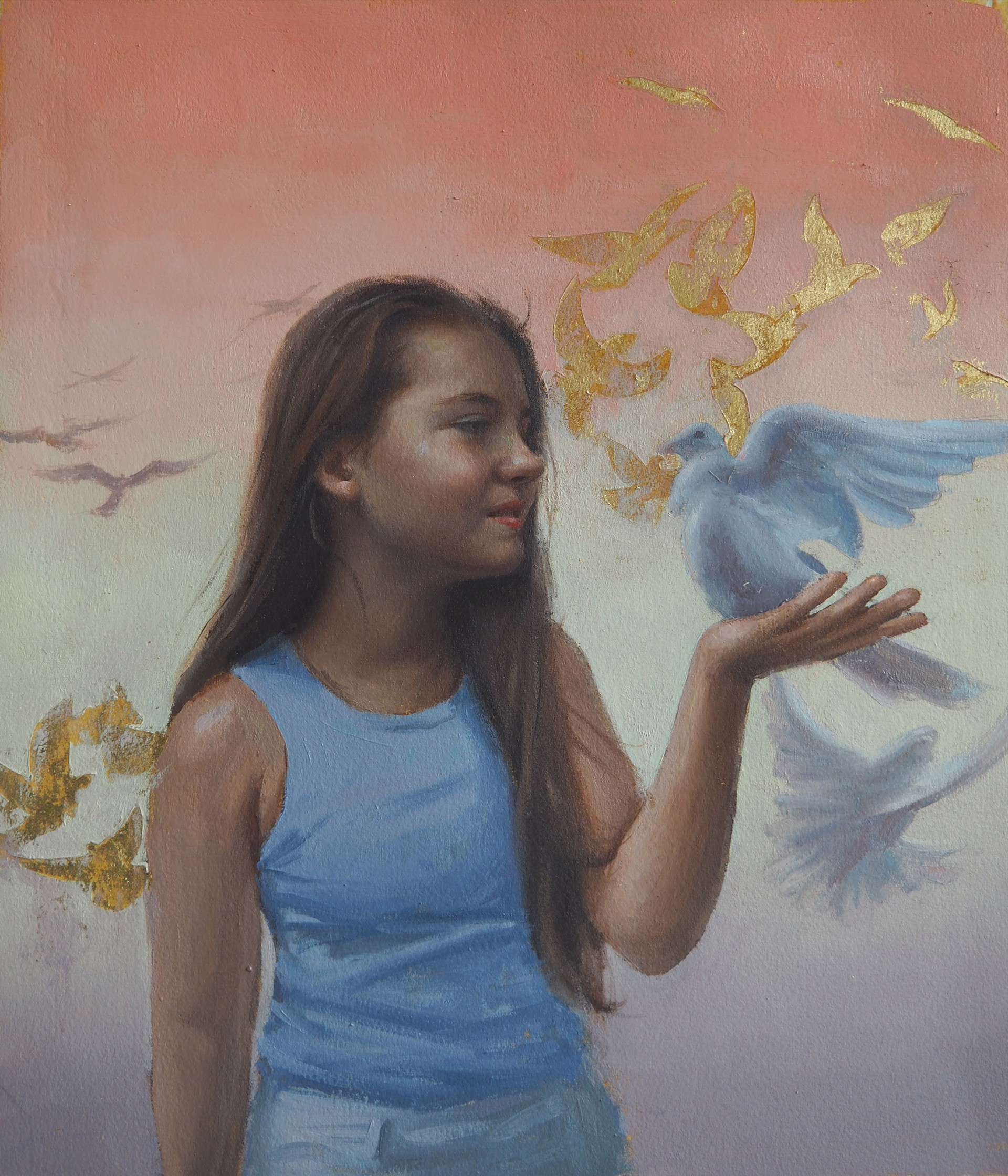 Andrea Kemp, Whisper. A young woman releases doves that rise into a luminous sky with touches of gold leaf.