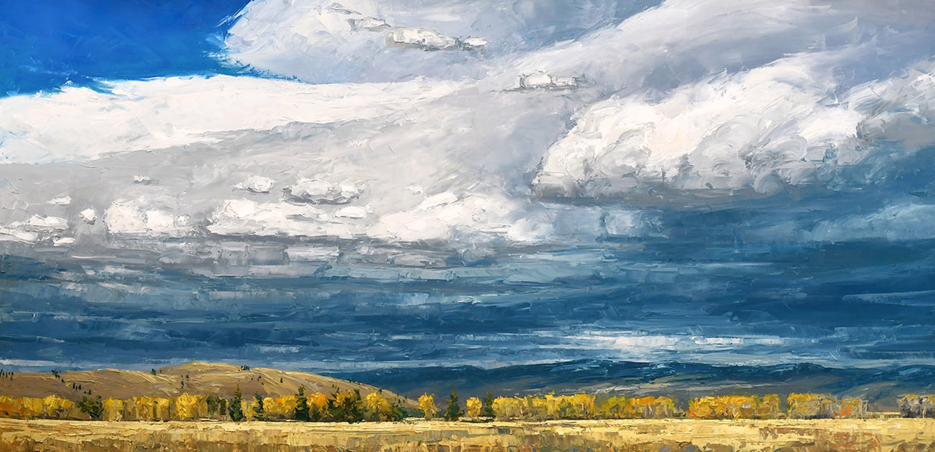 Original Oil Painting By Caleb Meyer Featuring A Landscape Of The Plains With Big Deep Blue Stormy Sky