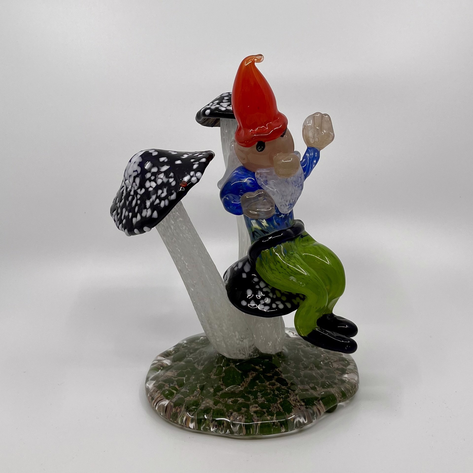Gnome with Mushrooms Glass Sculpture by John Glass