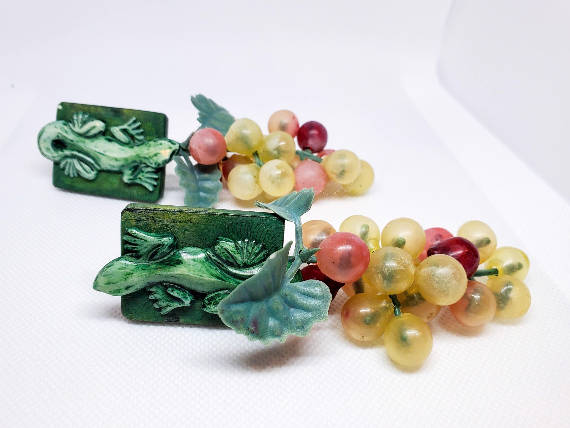 Ceramic Gecko Tile and Rubber Grapes Earrings by Sally Bass