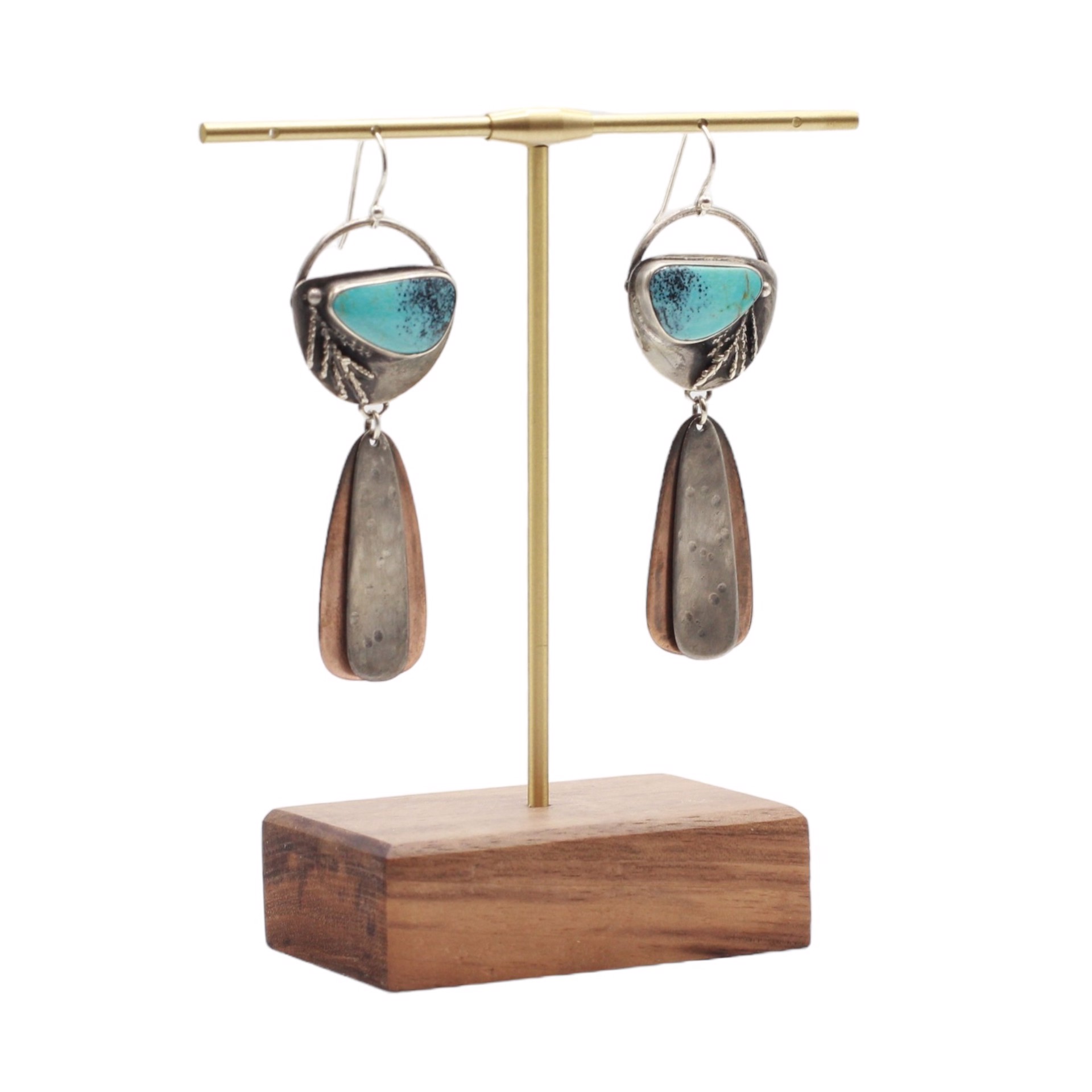 Kingman Turquoise with Cast Juniper and Layered Shibuichi and Silver Dangles - Sterling by Ashley Hanna