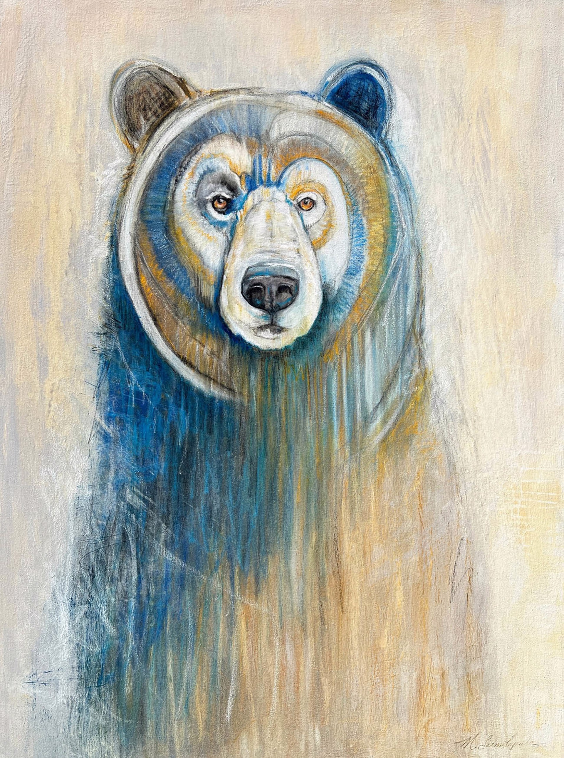 Original Mixed Media Artwork Featuring Grizzly Bear Portrait In Blues And Yellows 