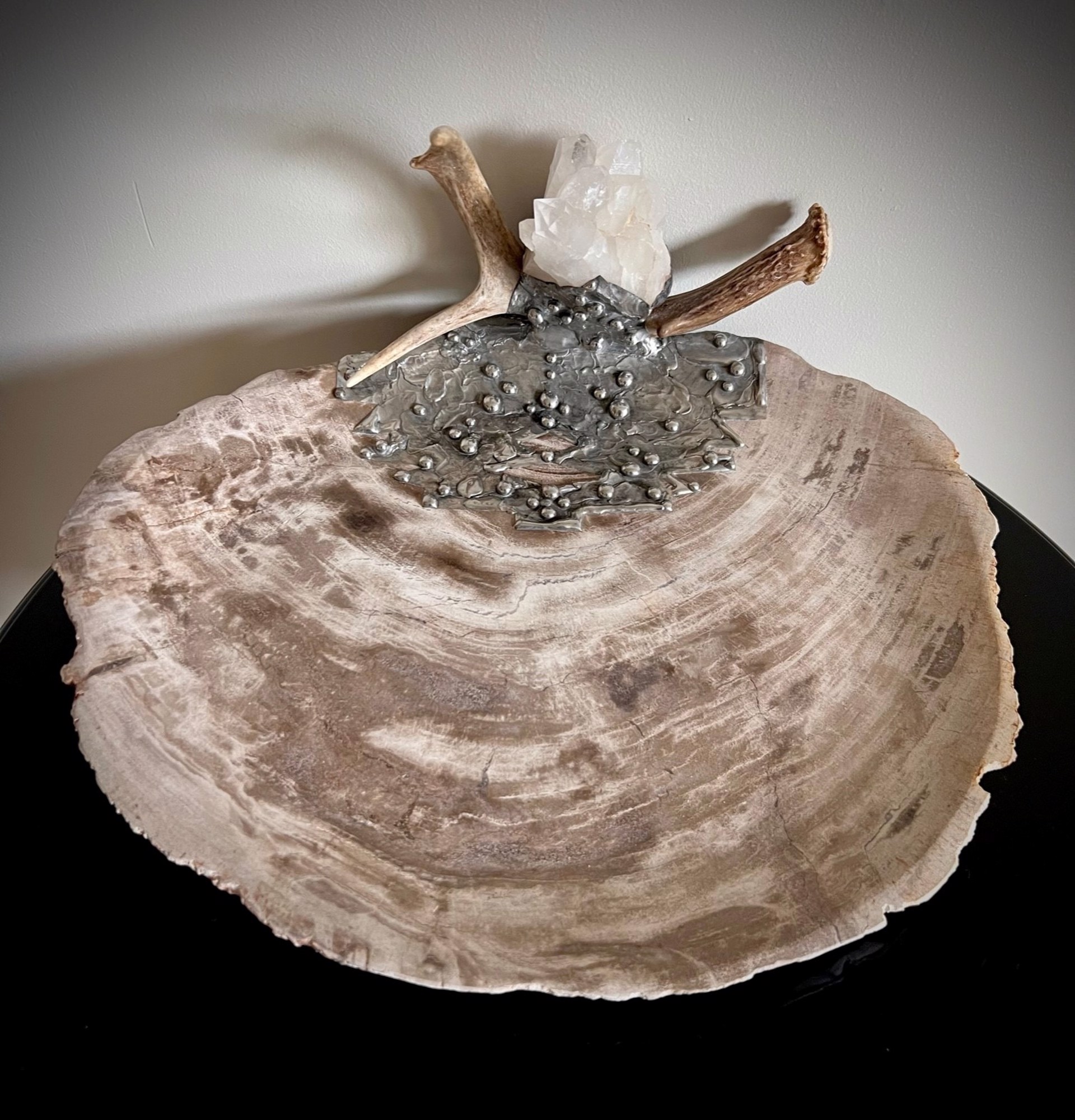 Neutral Petrified Wood Platter with Antler and Quartz by Trinka 5 Designs