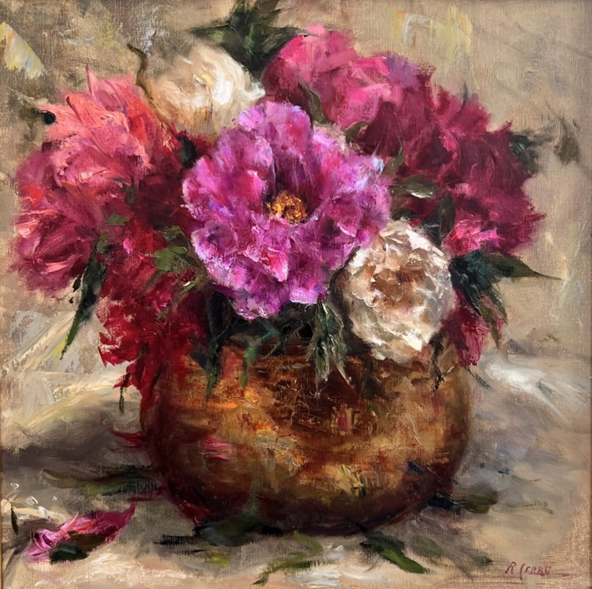 "Smell Those Peonies" original oil painting by Rosanne Cerbo