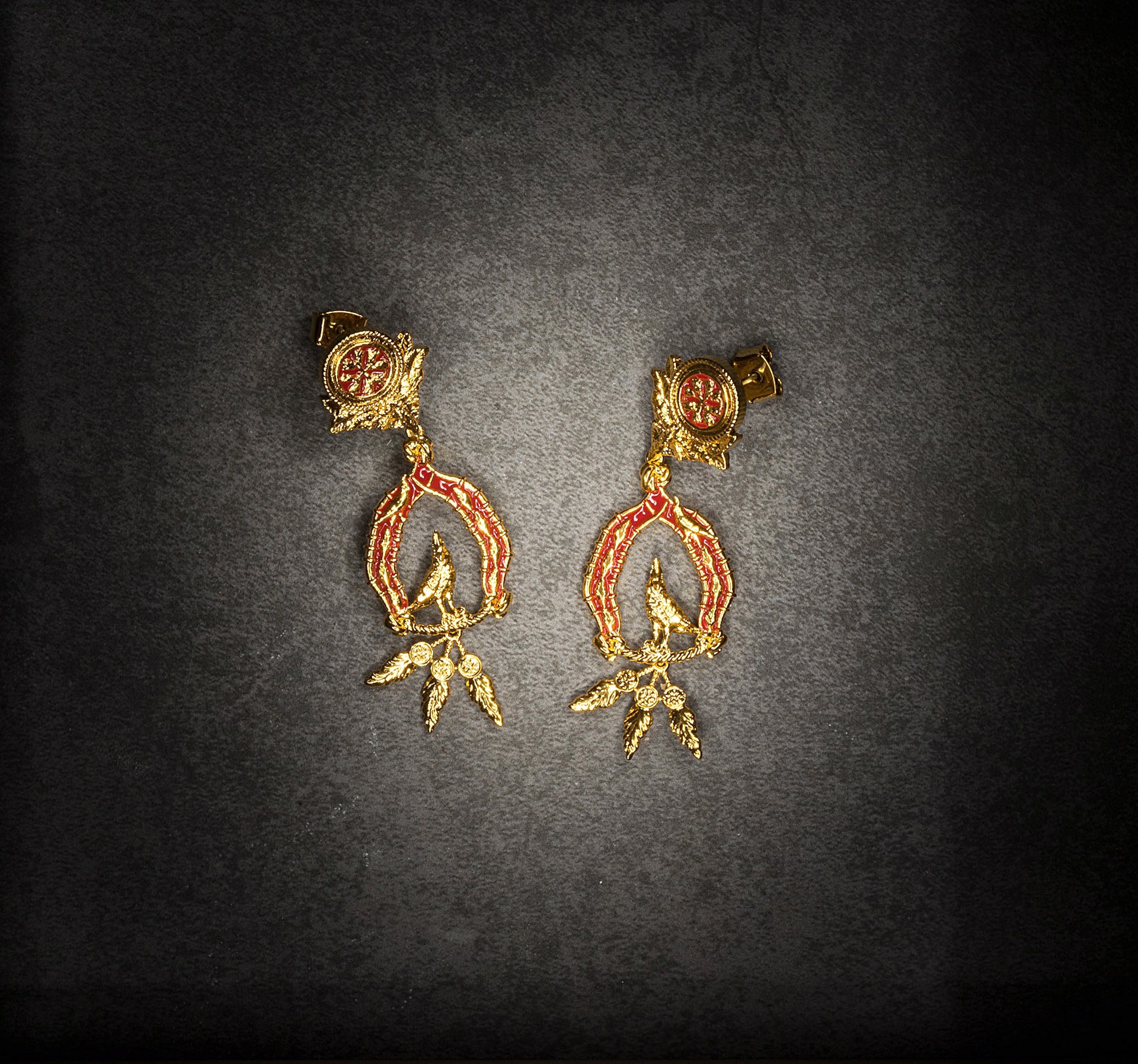 Vigor Earrings with Feathers - Gold and Red by Angela Mia