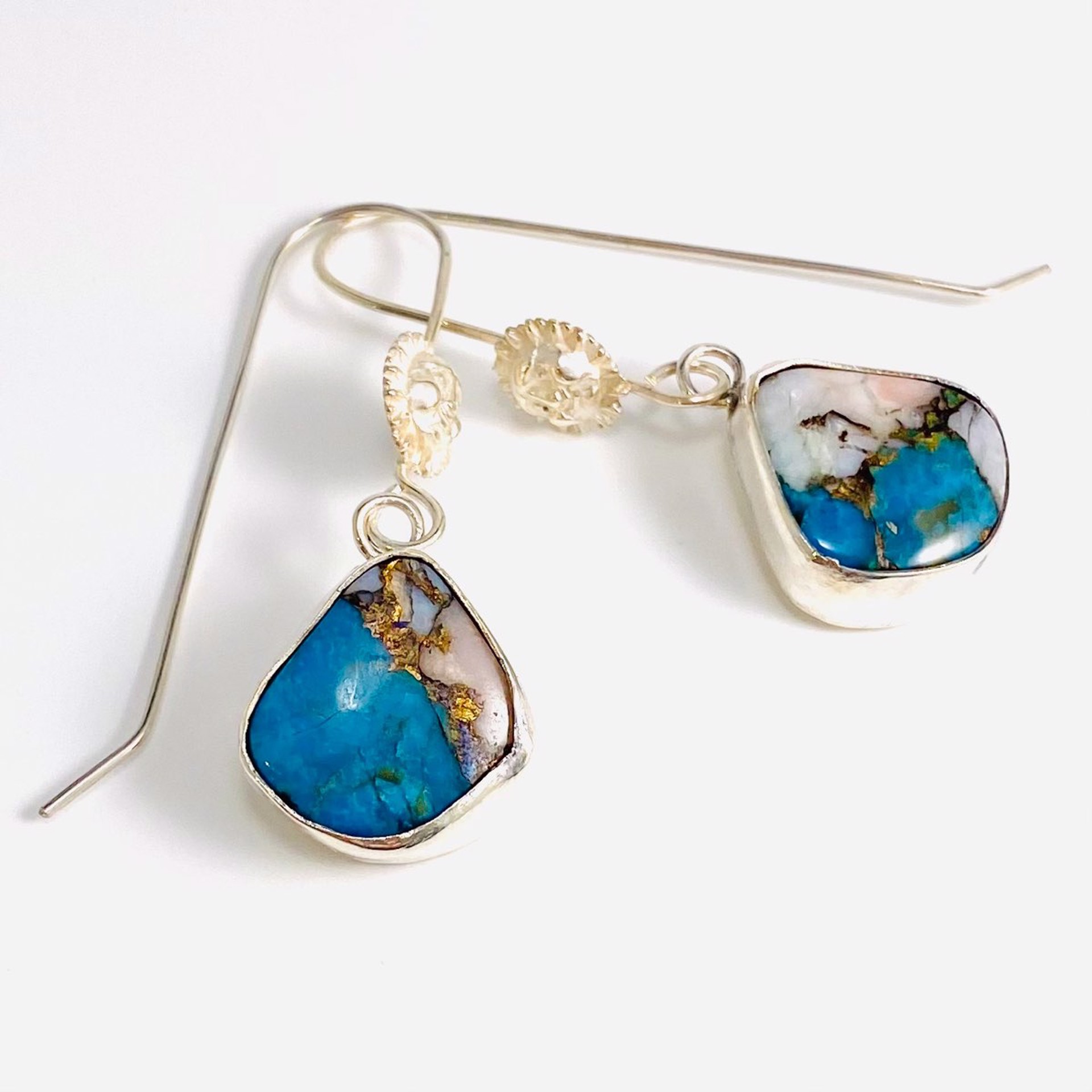 AB21-83 Kingman Turquoise Peruvian Opal and Bronze Composite with Sun Accent Earrings by Anne Bivens