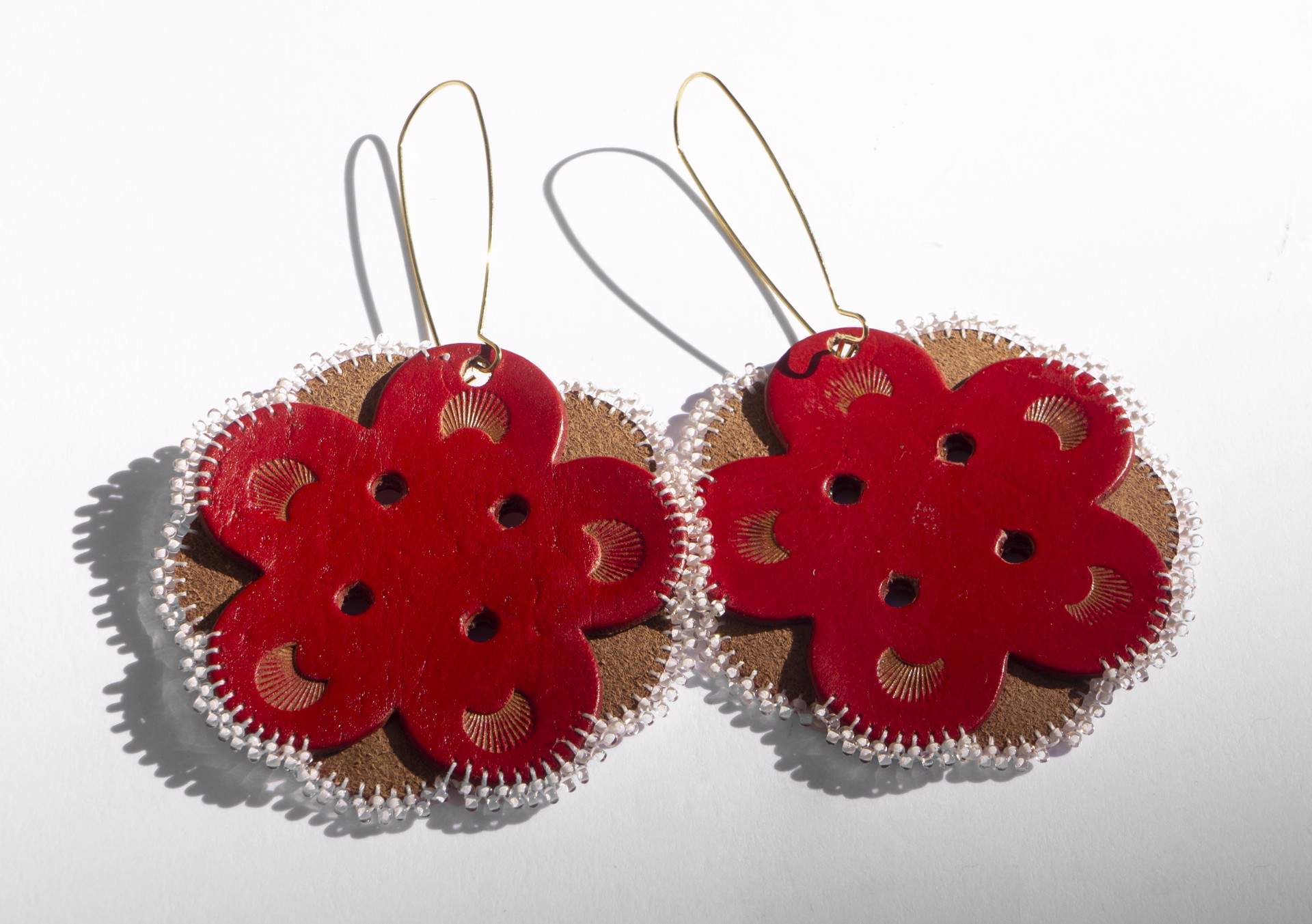Red Leather Earrings with White Beaded Edge by Hattie Lee