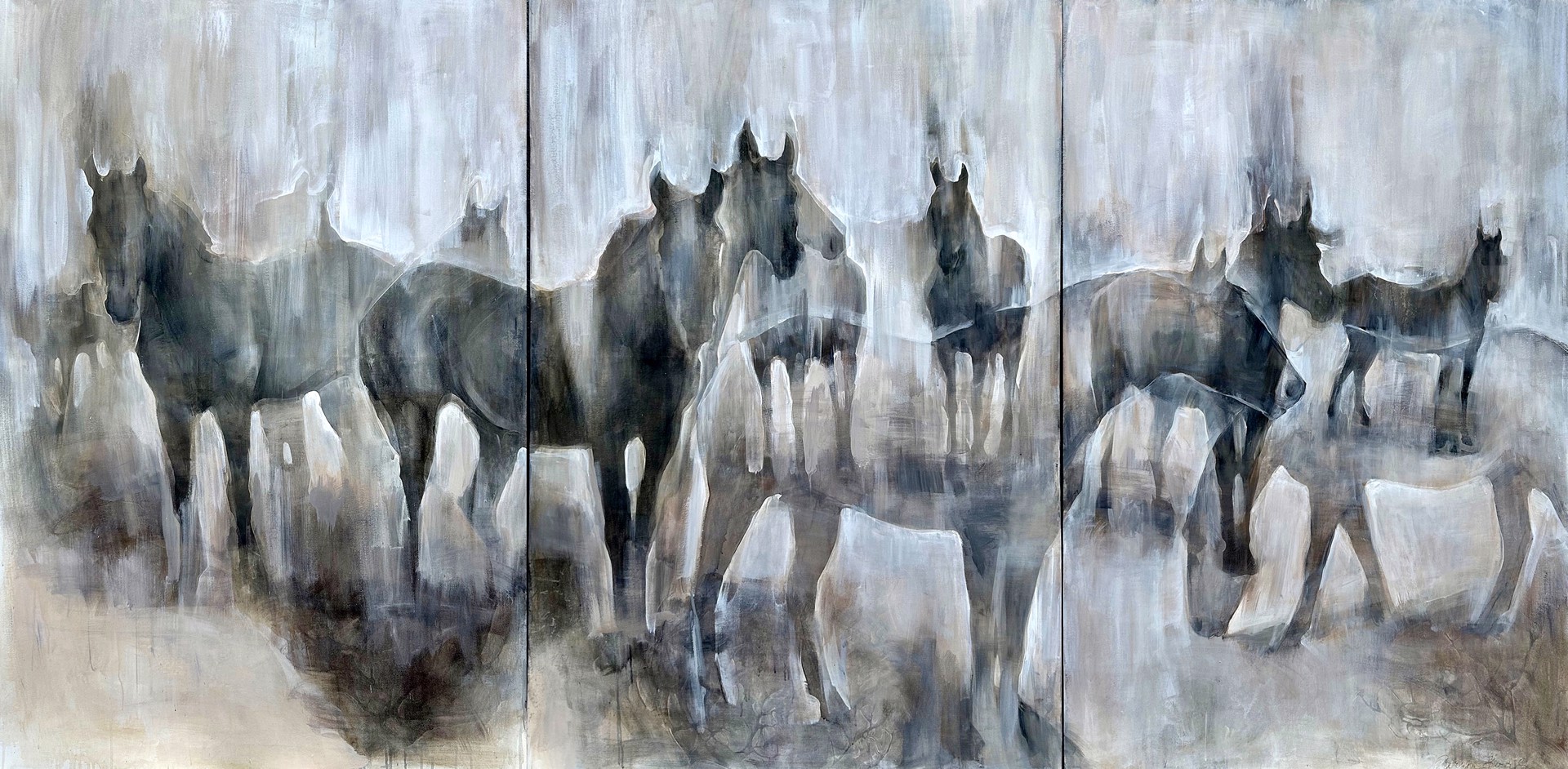 Original Mixed Media Painting By Taryn Boals Featuring Overlays Of Horse Silhouettes In Neutral Color Palette