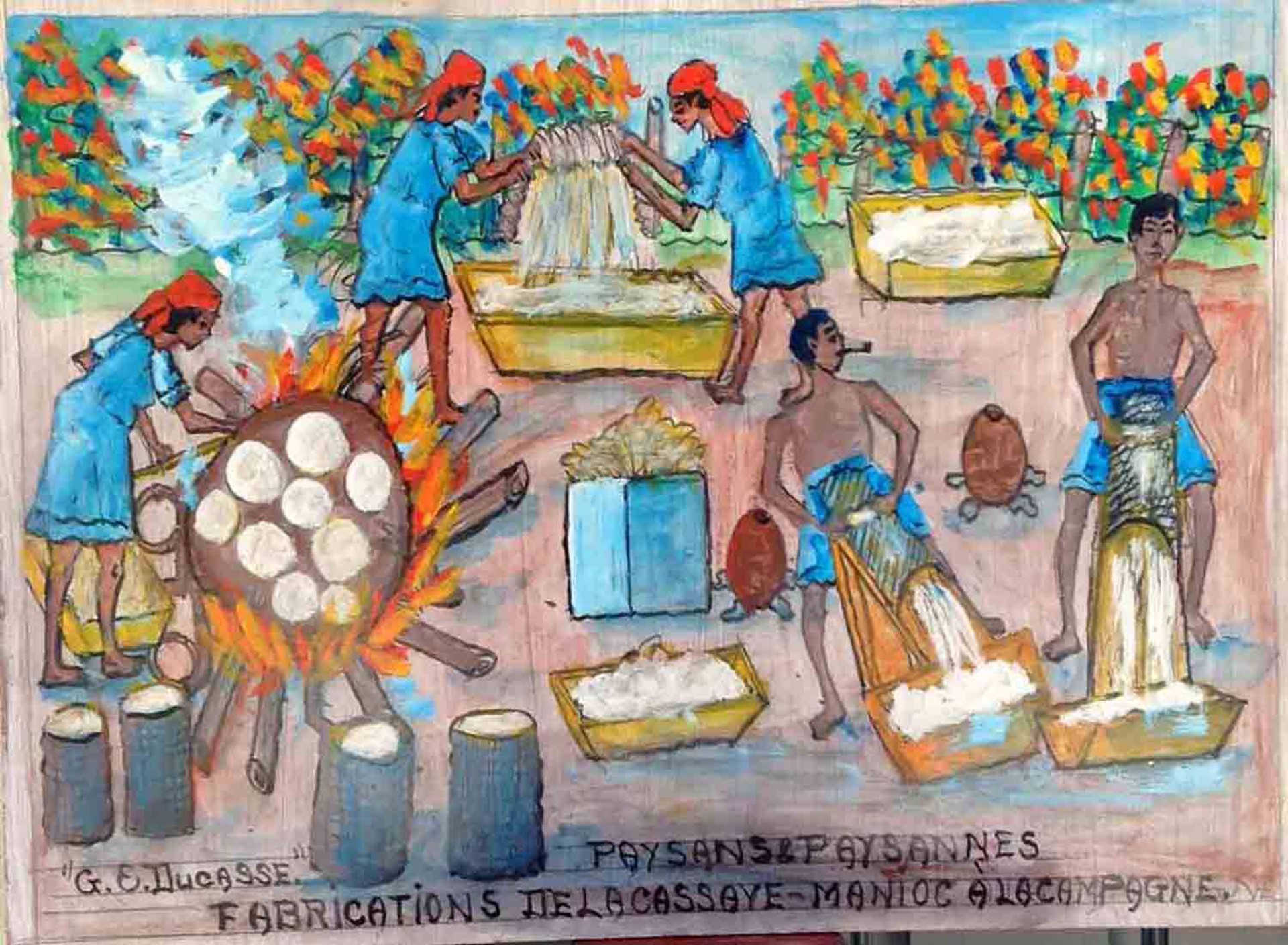 Paysans Paysannes Fabrication de La Cassave-Manioc A La Campagne #20MFN by Gervais Emmanuel Ducasse (Haitian, 1903-1988)