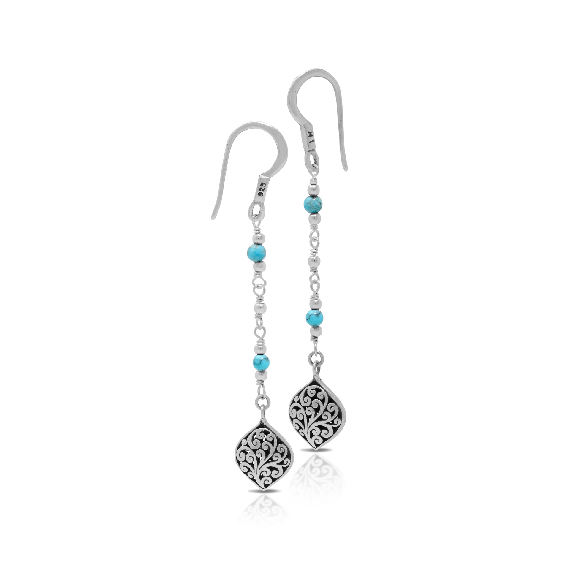 Sterling Silver Fishhook Earrings with Signature LH Carving Charms with Blue Turquoise Beads by Lois Hill