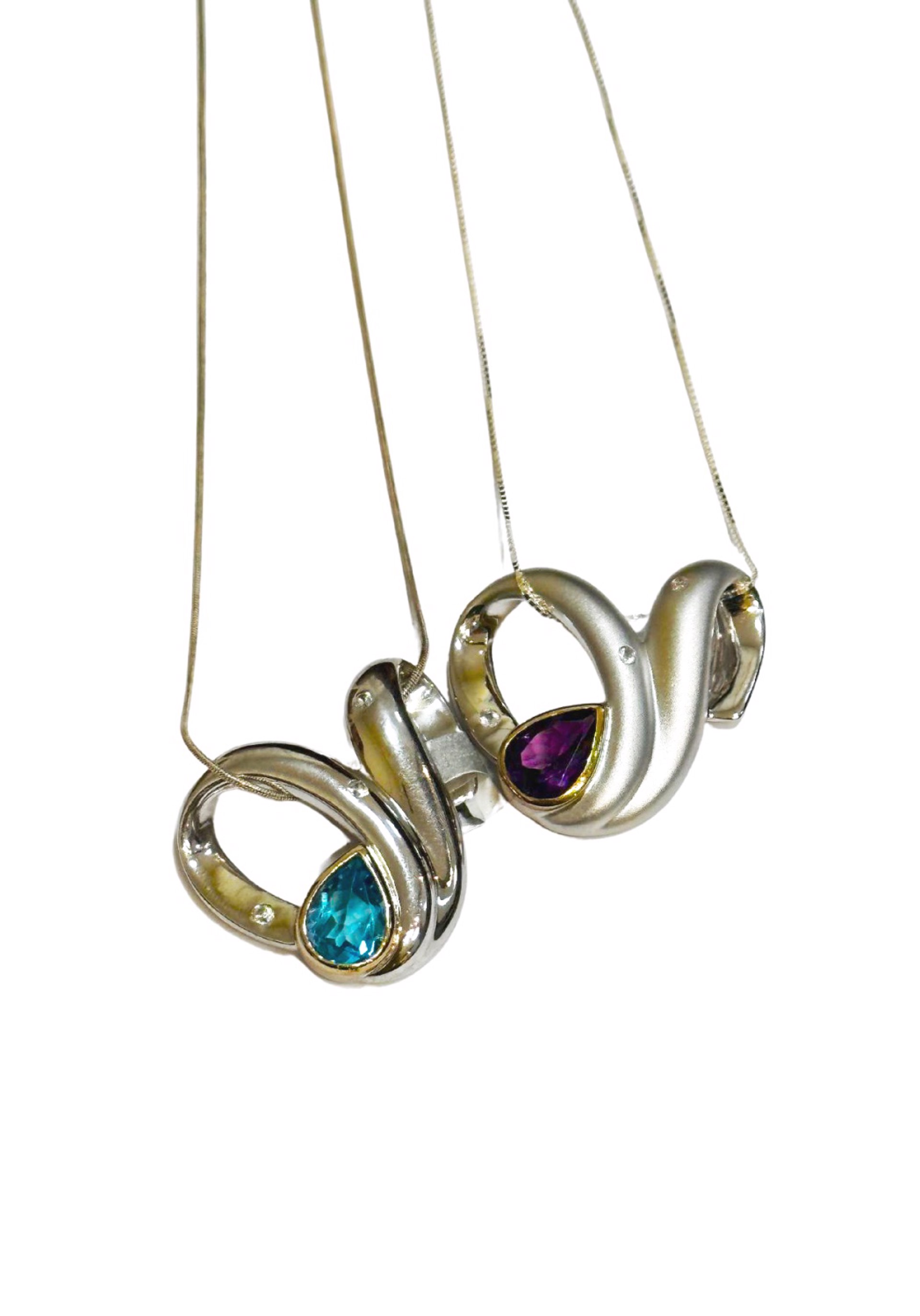 Pendant - Silver Swirl with Gemstones and 14kt Gold Surround by Joryel Vera