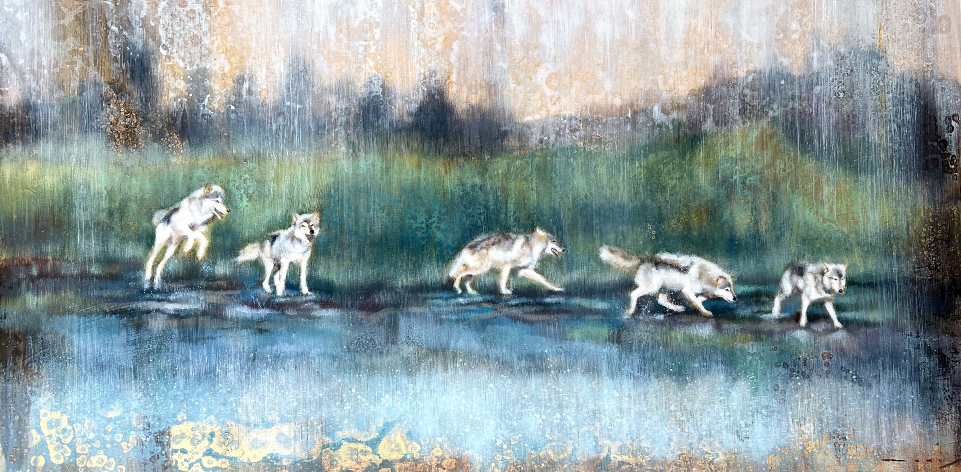 Original Mixed Media Painting By Nealy Riley Featuring Wolf Pack Over Abstract Background