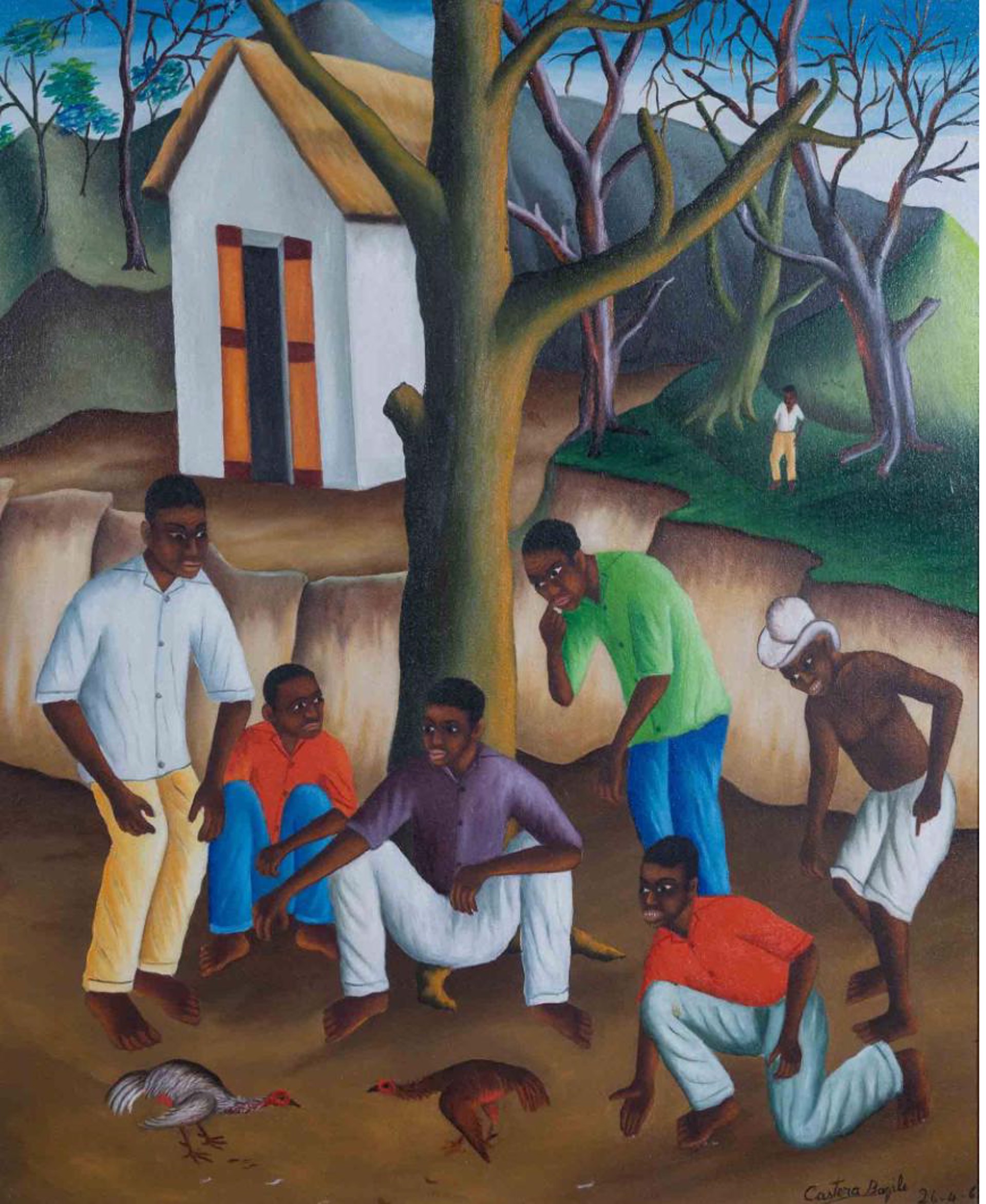 Donation Appraisal: Castera Bazile (Haitian, 1923 – 1966) 24 x 22 in. Cockfighting 1962 Oil on Board Painting- Valuation#308236 by Castera Bazile (Haitian, 1923-1966)