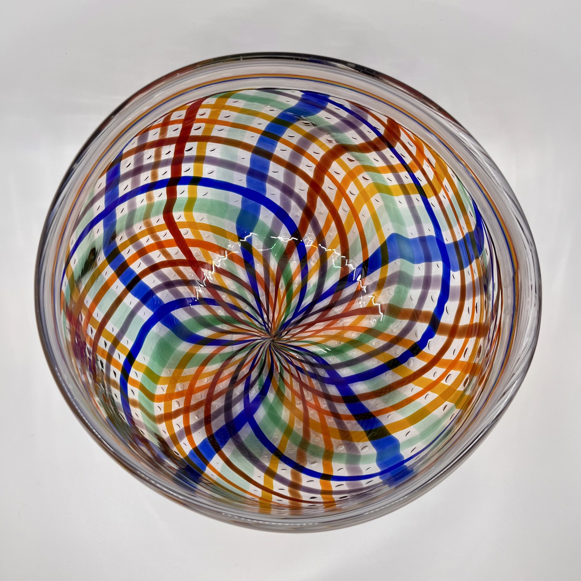 Large Glass Bowl w/Multi Color Plaid and Double White Rim by John Glass